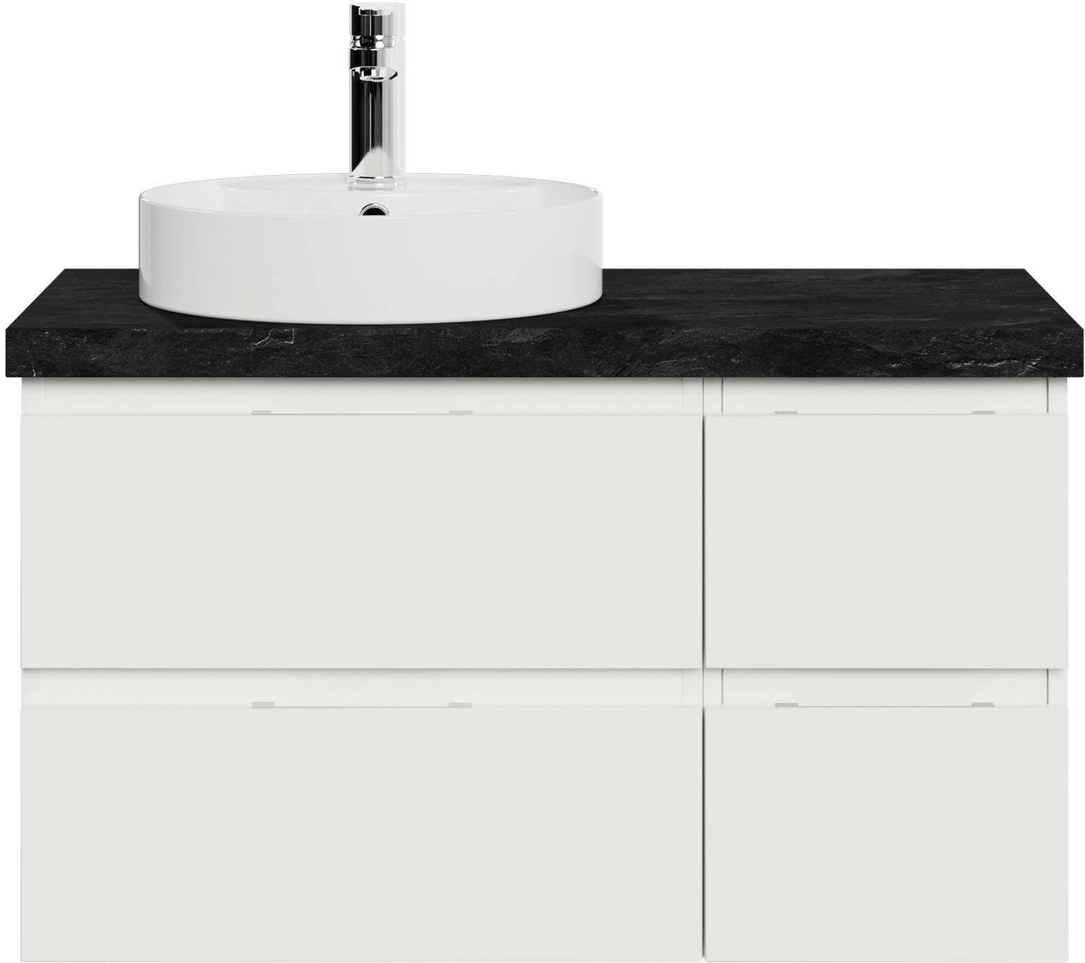 Saphir Waschtisch Serie 4035 Keramik-Aufsatzbecken mit Unterschrank, 88 cm breit, Waschplatz mit 4 Schubladen, Griffuge, Schneeweiß Glanz