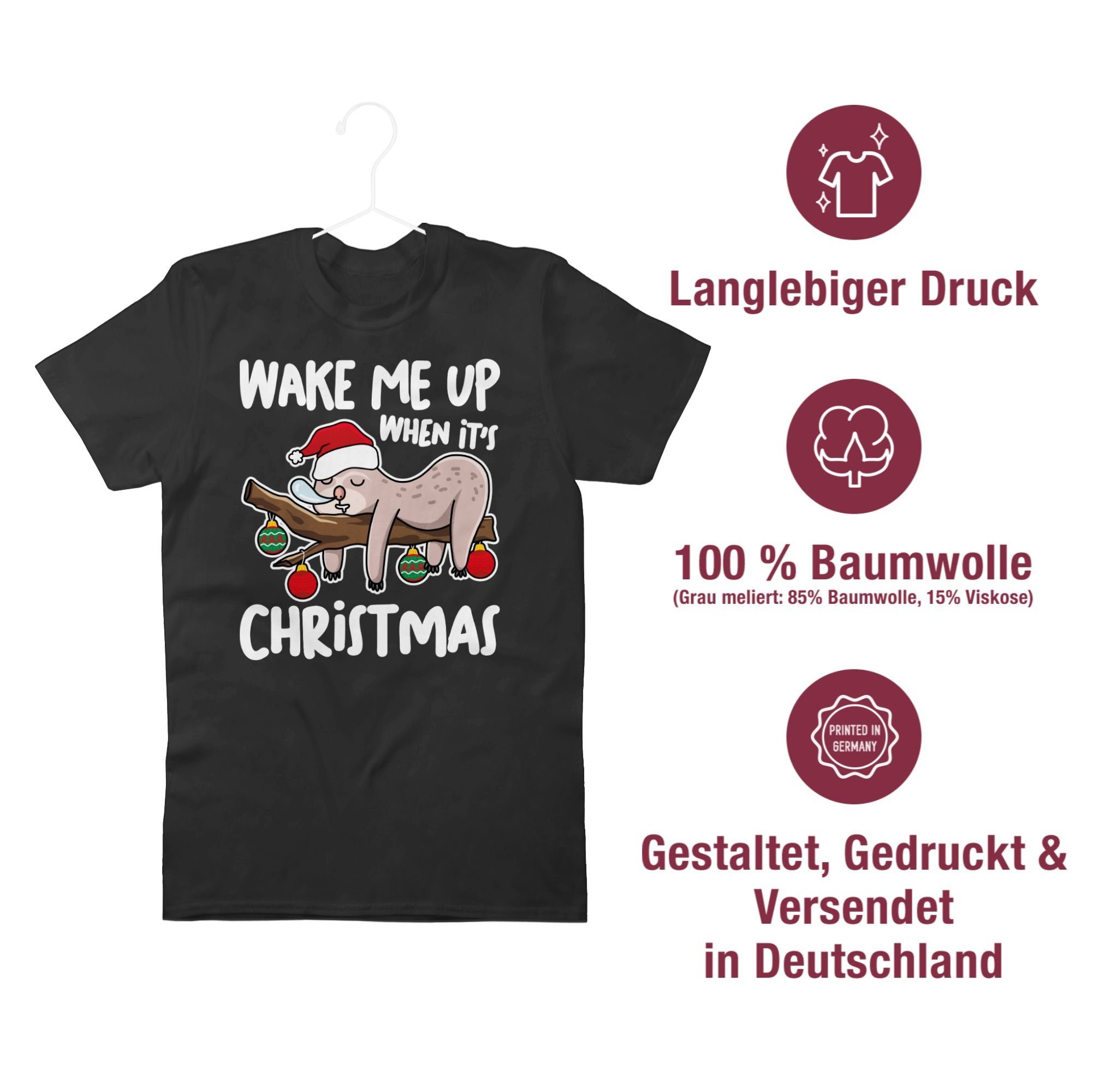 T-Shirt Schwarz christmas up Wake when Shirtracer weiß - Weihachten 01 me it's Kleidung
