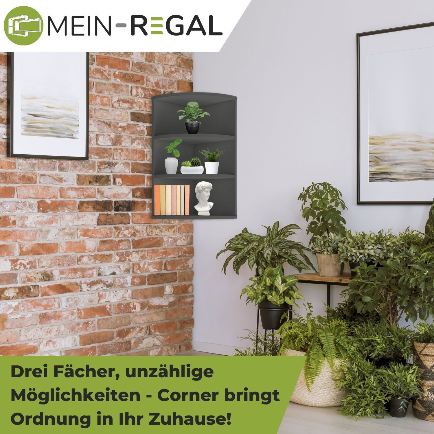 Mein-Regal Standregal CORNER 60, Anthrazit Eckregal 30x30x60cm Holz 3 Fächer Deko Bücherregal Wandregal