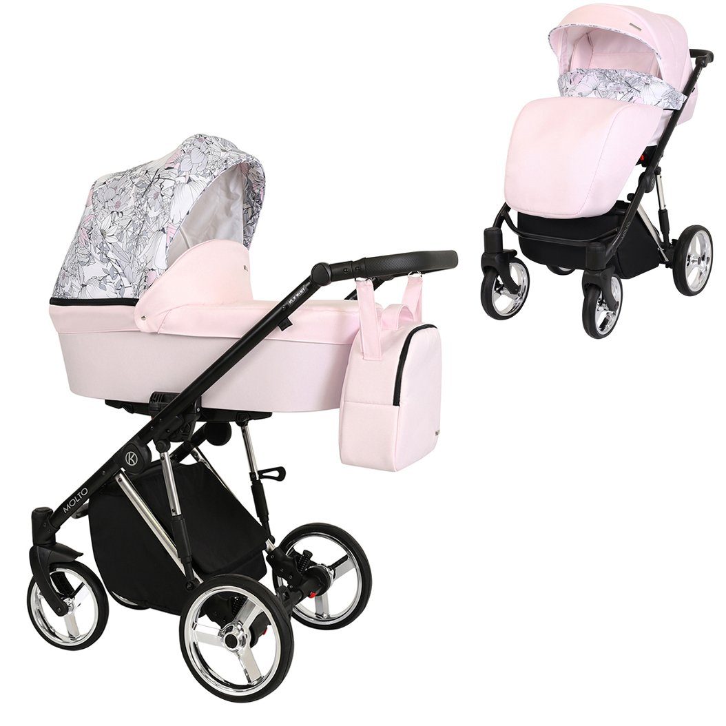 babies-on-wheels Kombi-Kinderwagen Molto Gold-Edition 2 in 1 - 12 Teile - von Geburt bis 4 Jahre Rosa-Dekor = Gestell verchromt