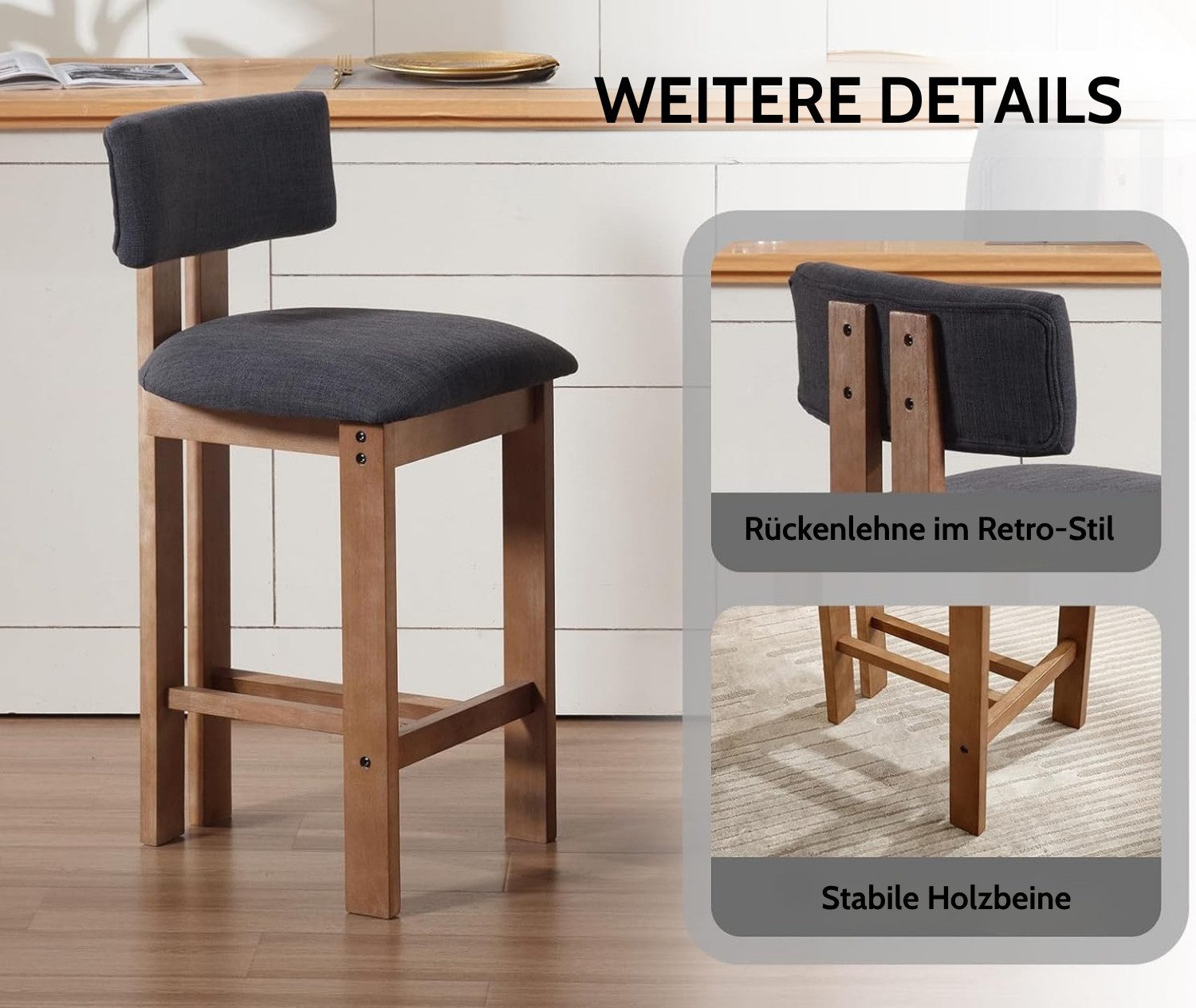 WAHSON OFFICE CHAIRS Barhocker Barhocker 2er Set Leinen Barstuhl aus Holz mit lehne für Küche/Bar – Bild 4 von 5