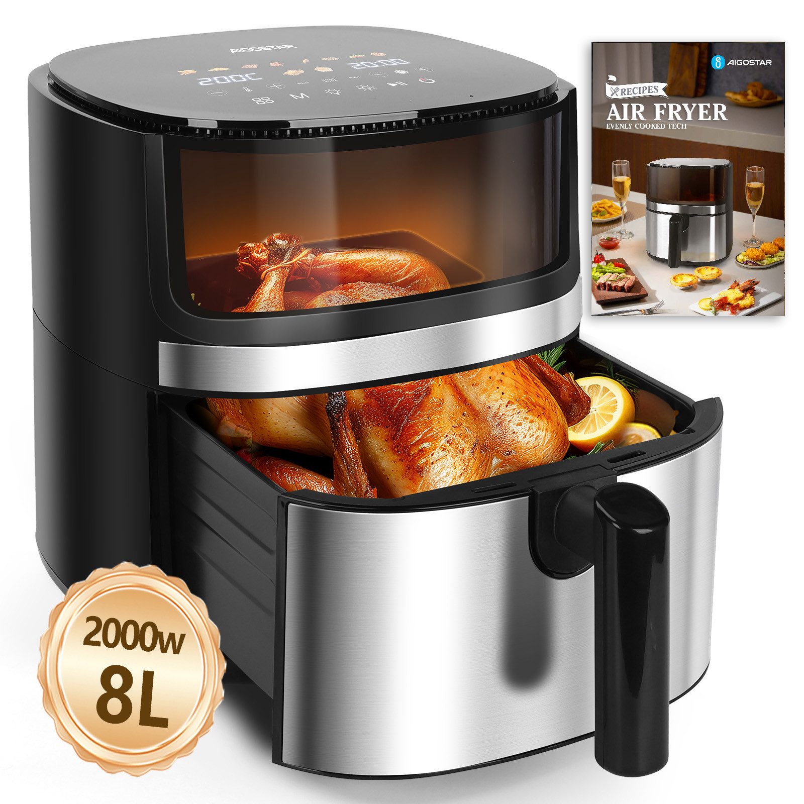 Aigostar Heißluftfritteuse Dual Blaze™ Heißluftfritteuse XXL, 8L Air Fryer 2000W mit Sichtfenster, 10 Programme, 3 Kochfunktionen, 2000 W, Sichtfenster, Digitalem Led Touchscreen, Spülmaschinenfeste Körbe