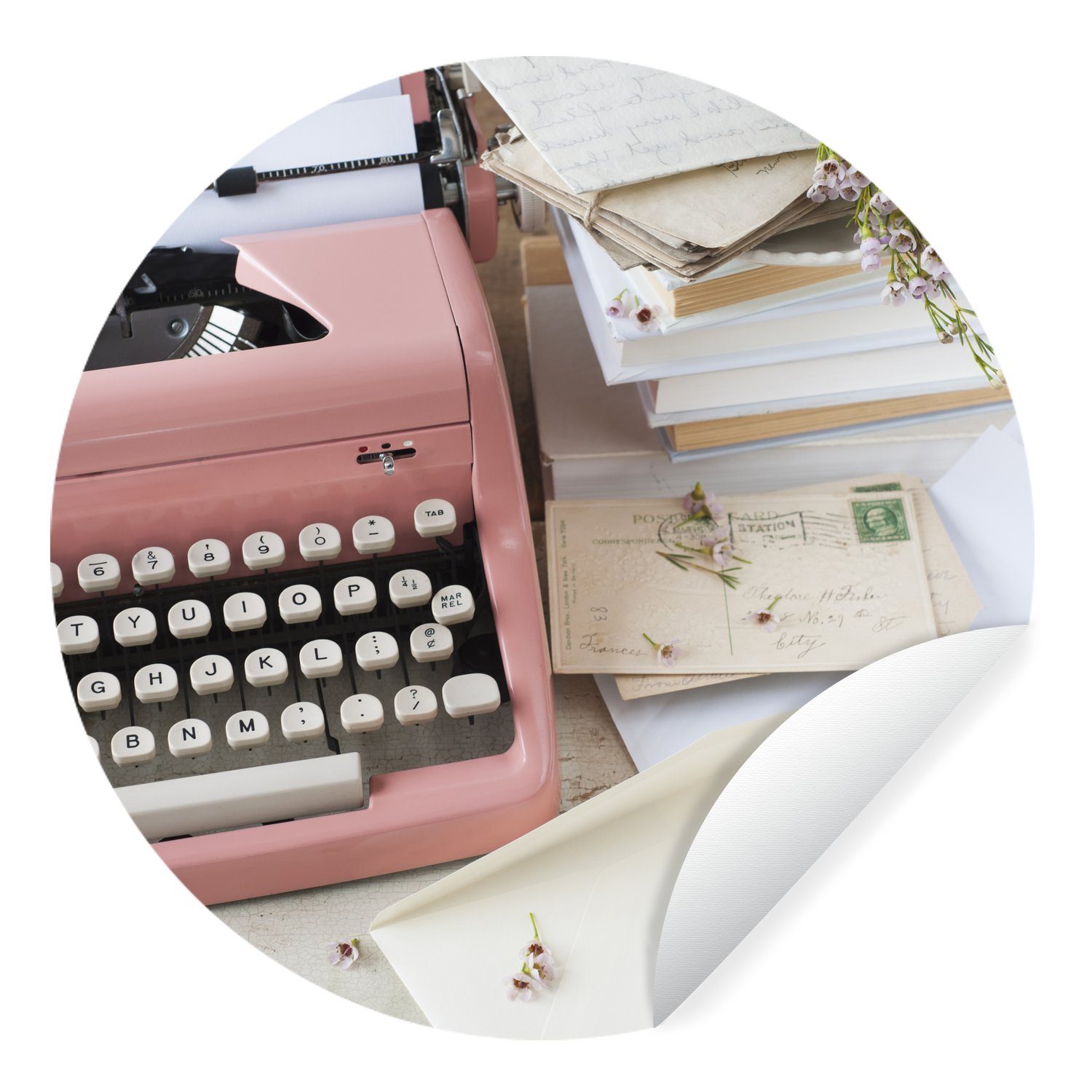 MuchoWow Wandsticker Briefe mit einer rosa Schreibmaschine (1 St), Tapetenkreis für Kinderzimmer, Tapetenaufkleber, Rund, Wohnzimmer