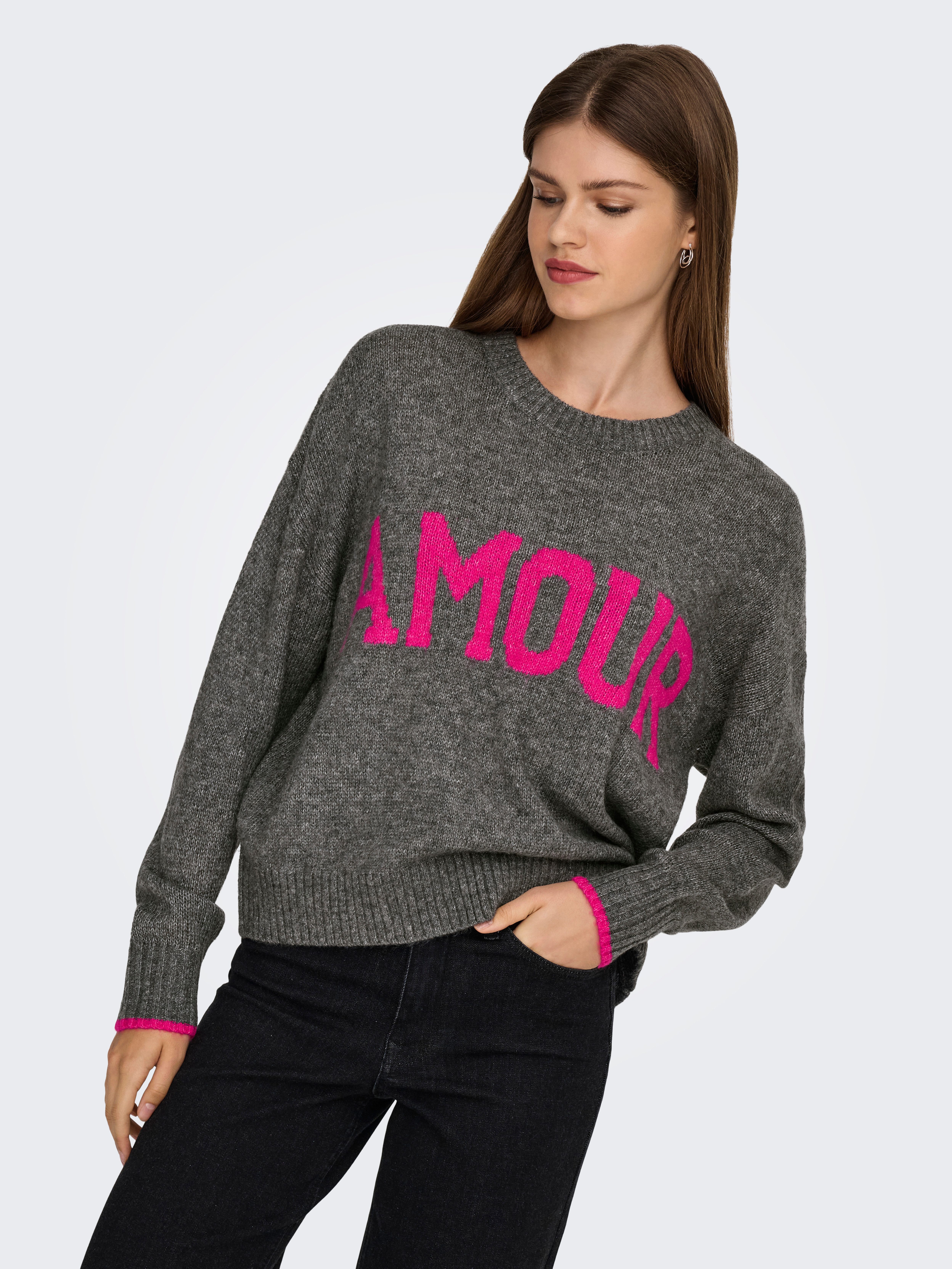 ONLY Rundhalspullover ONLNEW AMOUR LS TEXT O-NECK CS KNT günstig online kaufen