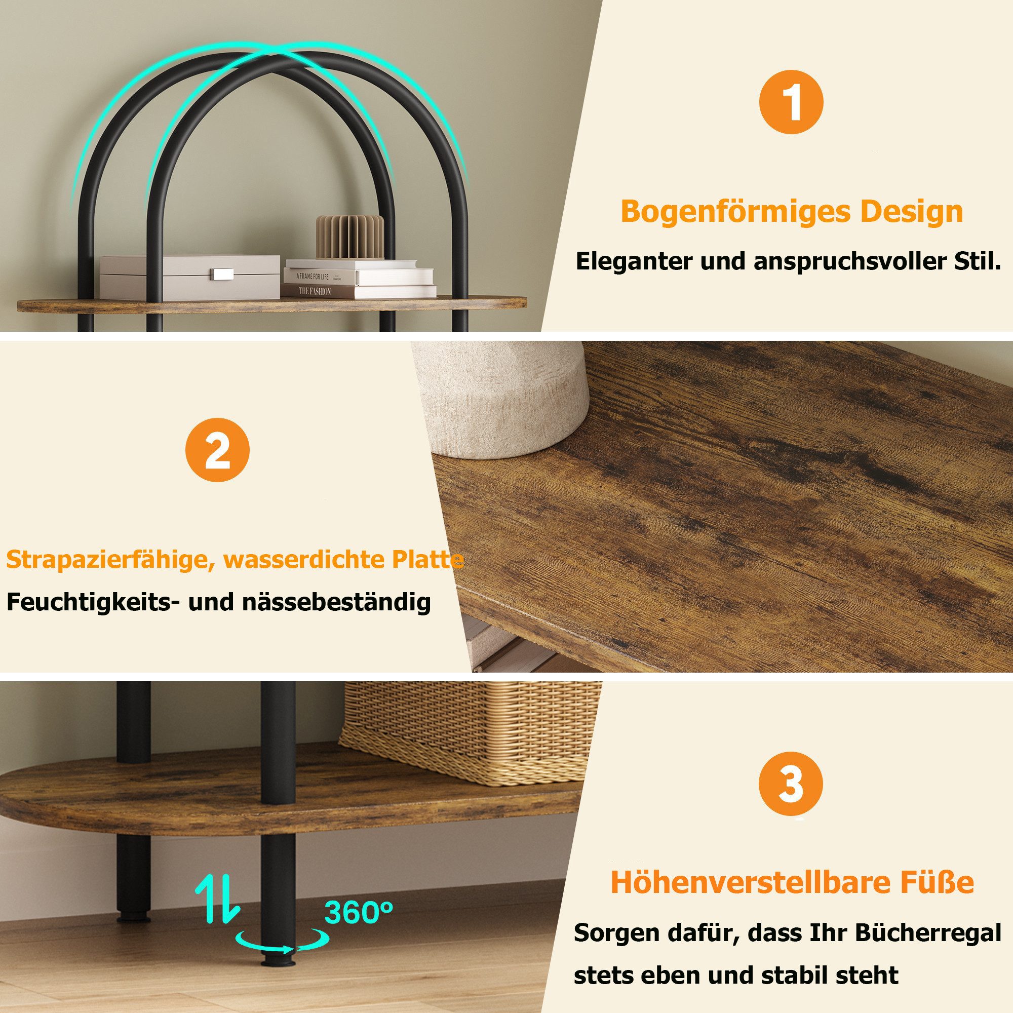 GarveeMore Bücherregal gewölbtes Bücherregal Standregal mit 5 Ebenen 80x30x180cm – Bild 4 von 5