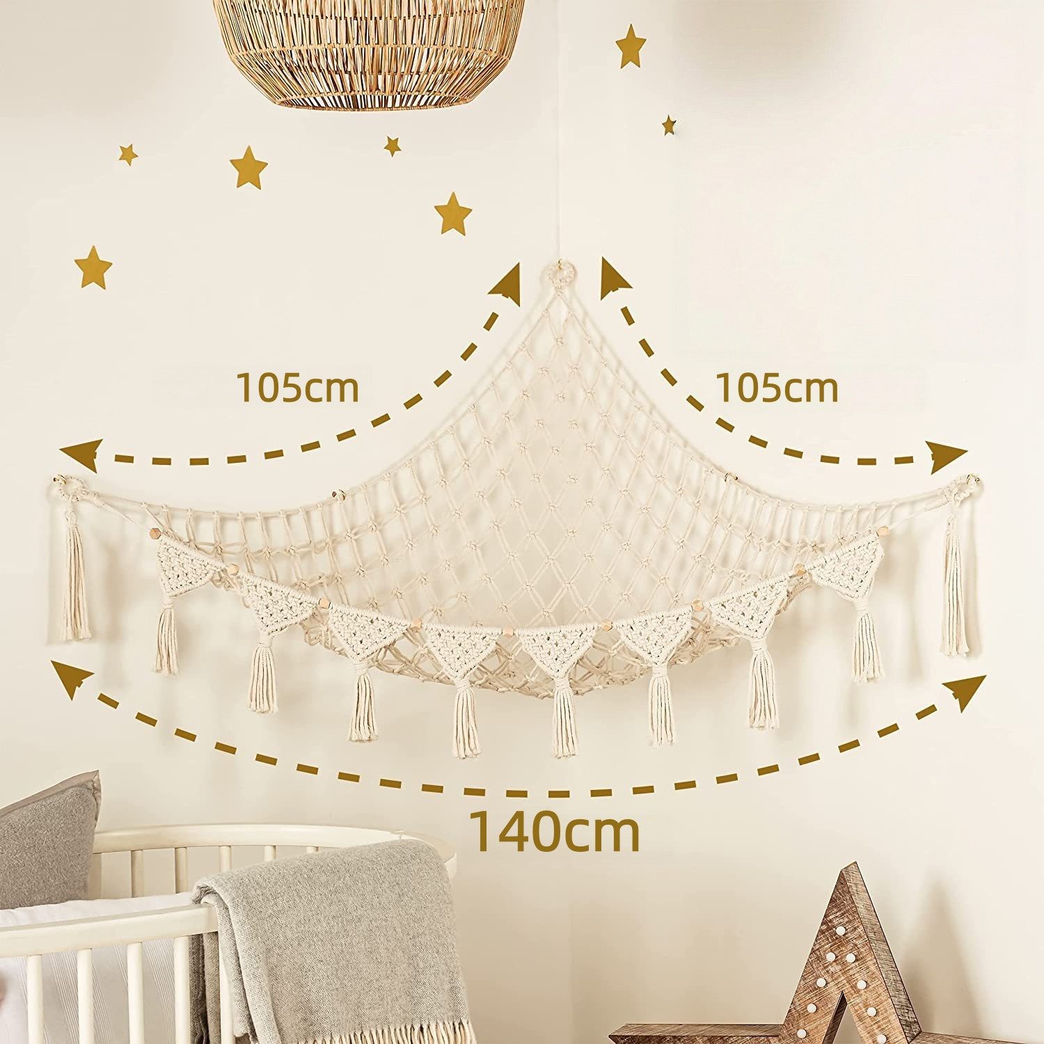 FOUORTUNATE-BEE Hängekorb Hängende Spielzeugaufbewahrung Netz für Kuscheltiere im Kinderzimmer, Boho Spielzeugnetz für Kuscheltiere, Ecken, Wände und Türen – Bild 5 von 5