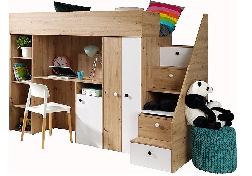 Hochbett SMART 14 Etagenbett für Jugendliche mit Schreibtisch, Kleiderschrank