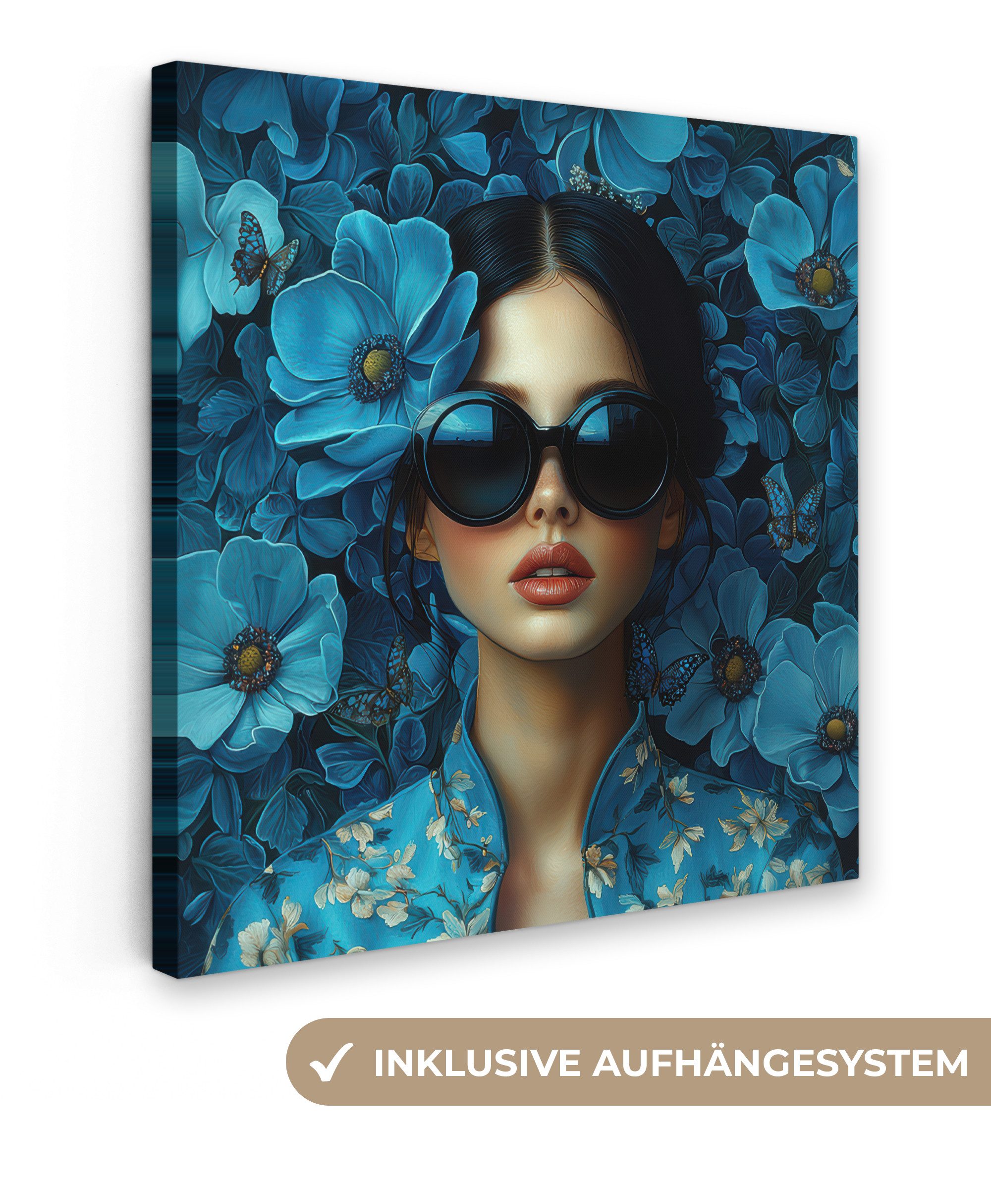 OneMillionCanvasses® Leinwandbild Frau - Blumen - Blau - Ästhetik - Luxus, Fotodruck (1 St), Wandbild, Deko Schlafzimmer Wohnzimmer Flur 20x20 cm