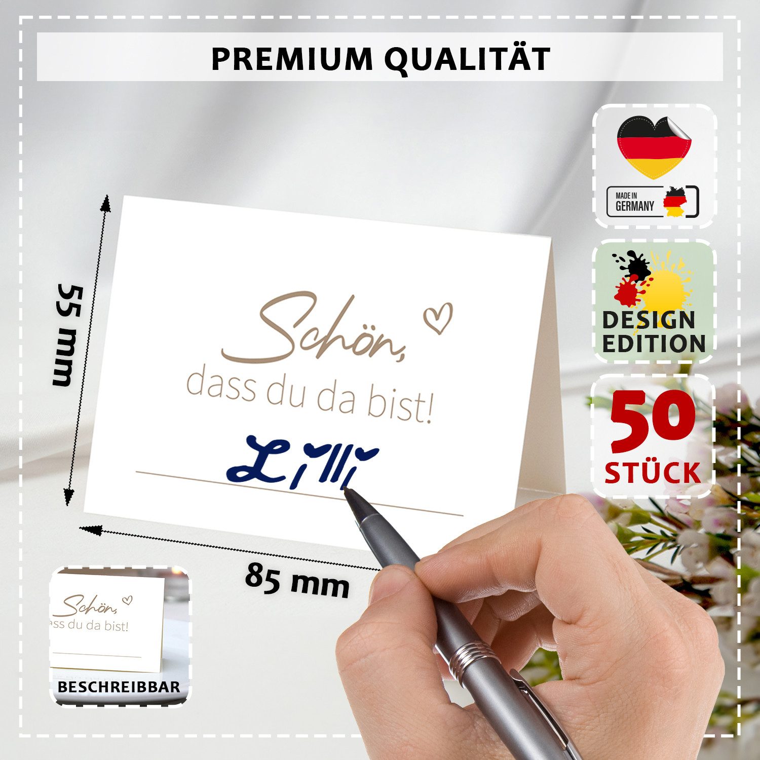Funke & Brand Grußkarten 50x Tischkarten Hochzeit 85x55mm verschiedene Farben