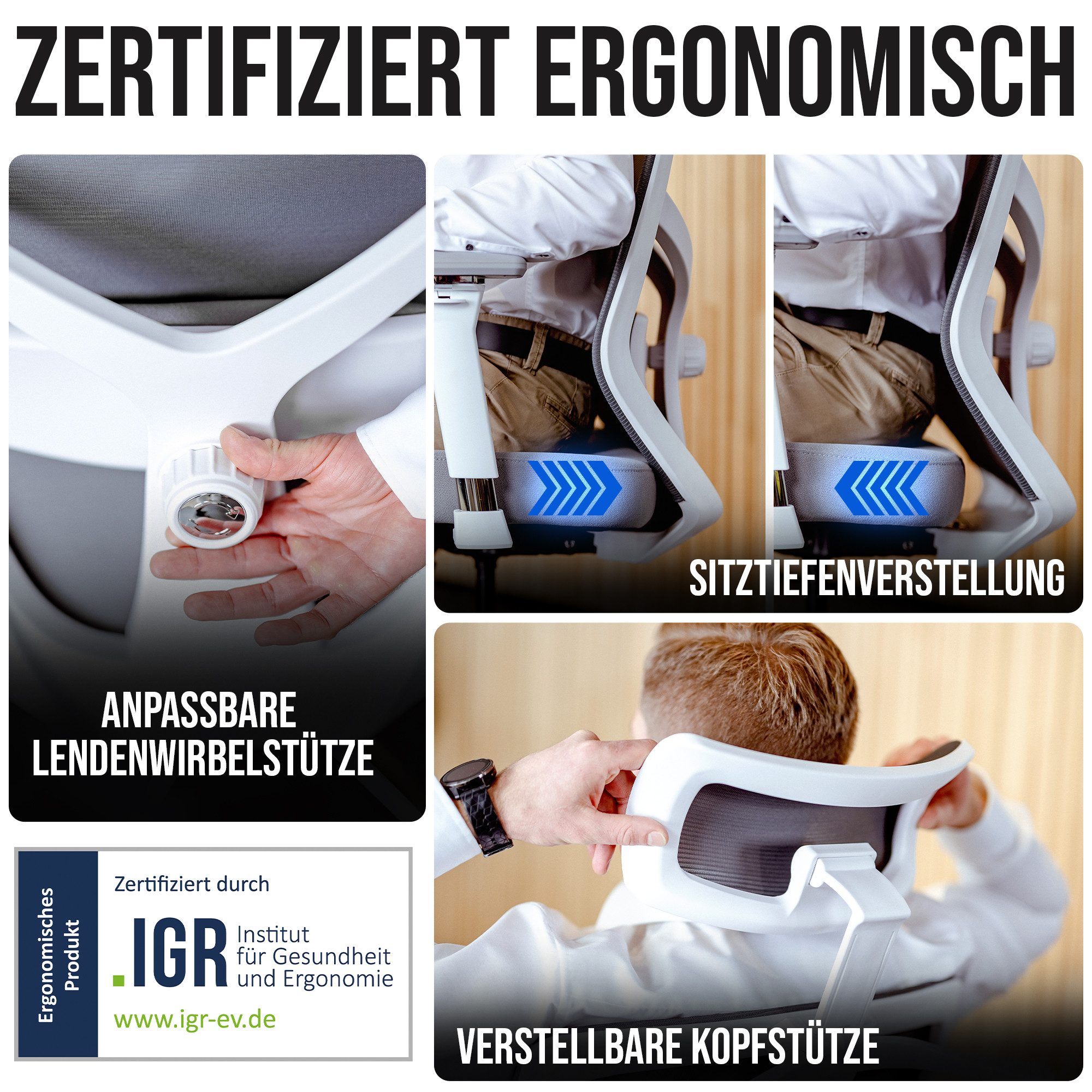 ELITESEATS Bürostuhl Ergonomisch [TESTSIEGER] Kratzerfreie Rollen Atmungsaktiv (Ergonomischer Schreibtischstuhl, Büro Stuhl 150 kg Belastbar), Gaming Stuhl, Computerstuhl, Drehstuhl, Chefsessel, Home Office