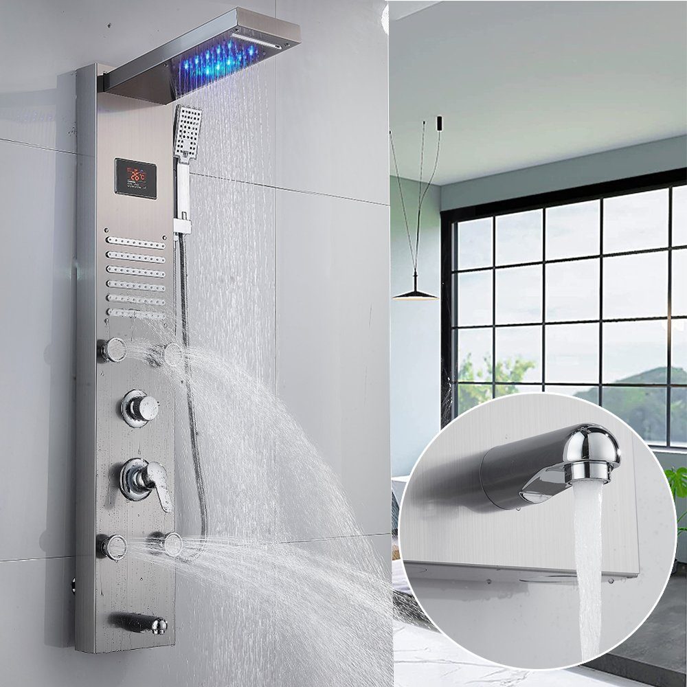 XERSEK Duschsystem Duschpaneel LED mit Armatur Duschsäule Mischbatterie  Duscharmatur, 6 Strahlart(en), Regendusche Wasserfall Regenduschkopf  Massagedüsen, mit Handbrause, Wanneneinlauf Überkopfbrausset für Badezimme