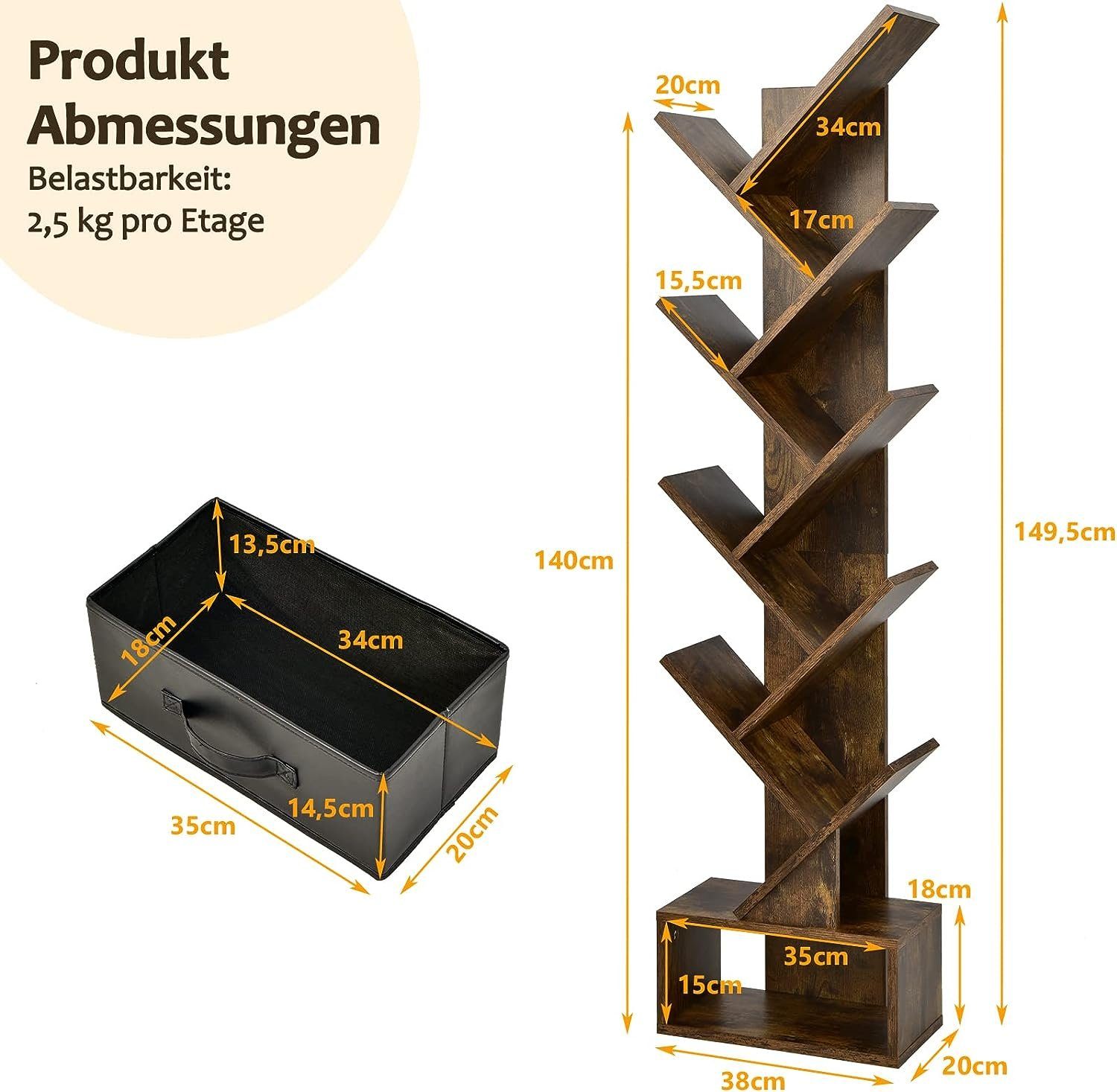 KOMFOTTEU Bücherregal Bücherschrank, mit 10 Ablagen, 38 x 20 x 149,5 cm – Bild 5 von 5