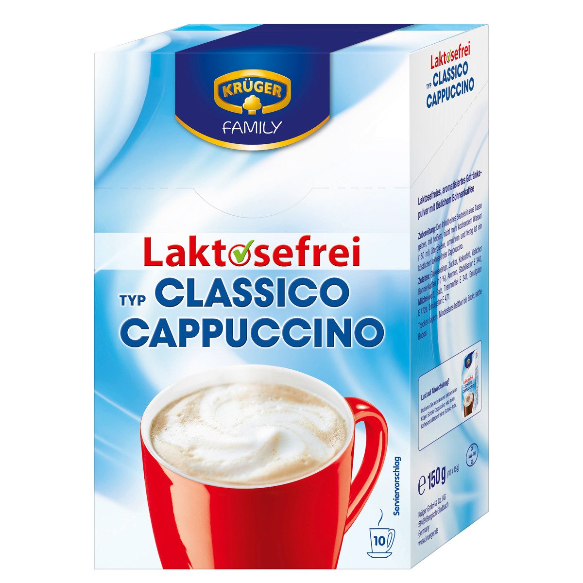 Krüger Kaffee, Krüger Cappuccino Classico Laktosefrei mit extra Schaum 150g, 4er Pack