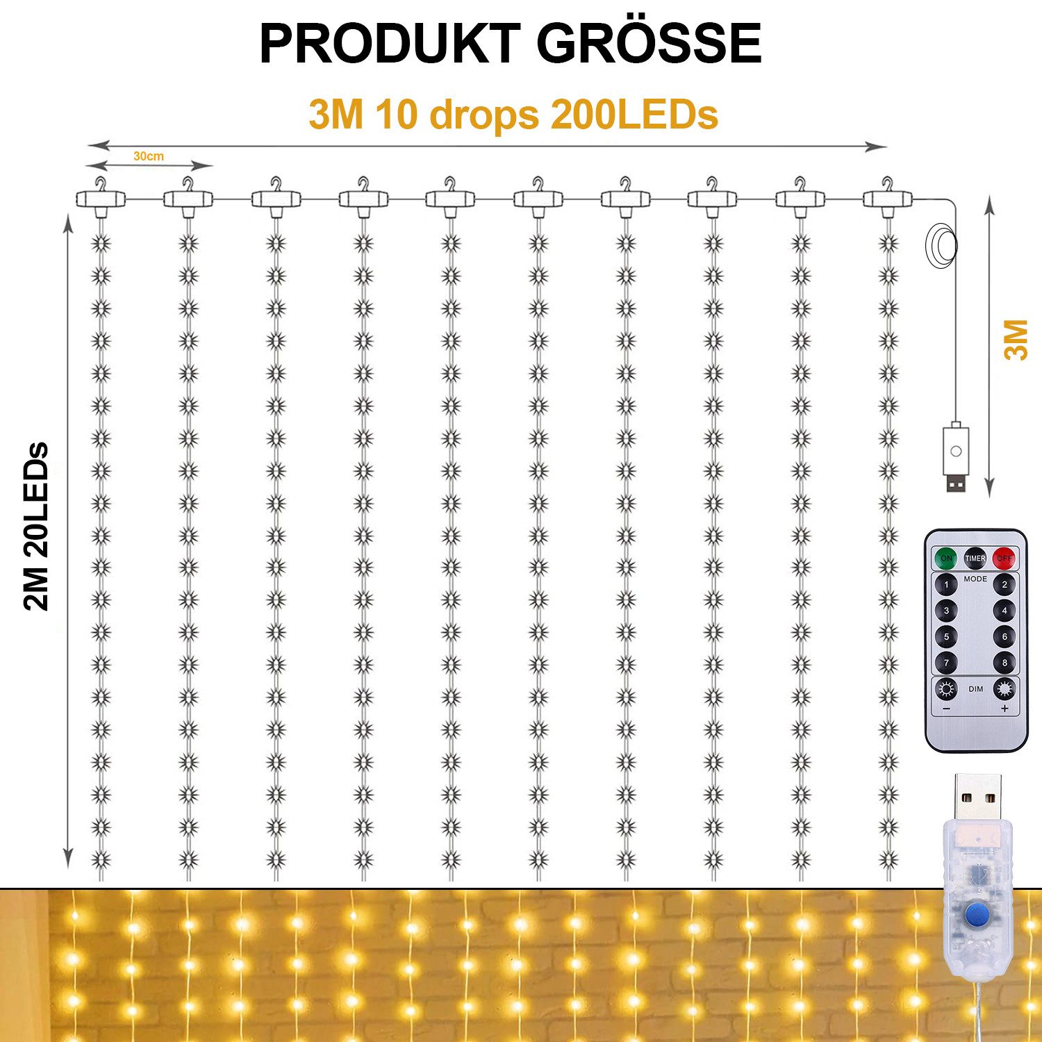 Jibenhome LED-Lichterkette USB LED Lichtervorhang 100/200/300 LEDs Wasserfa günstig online kaufen