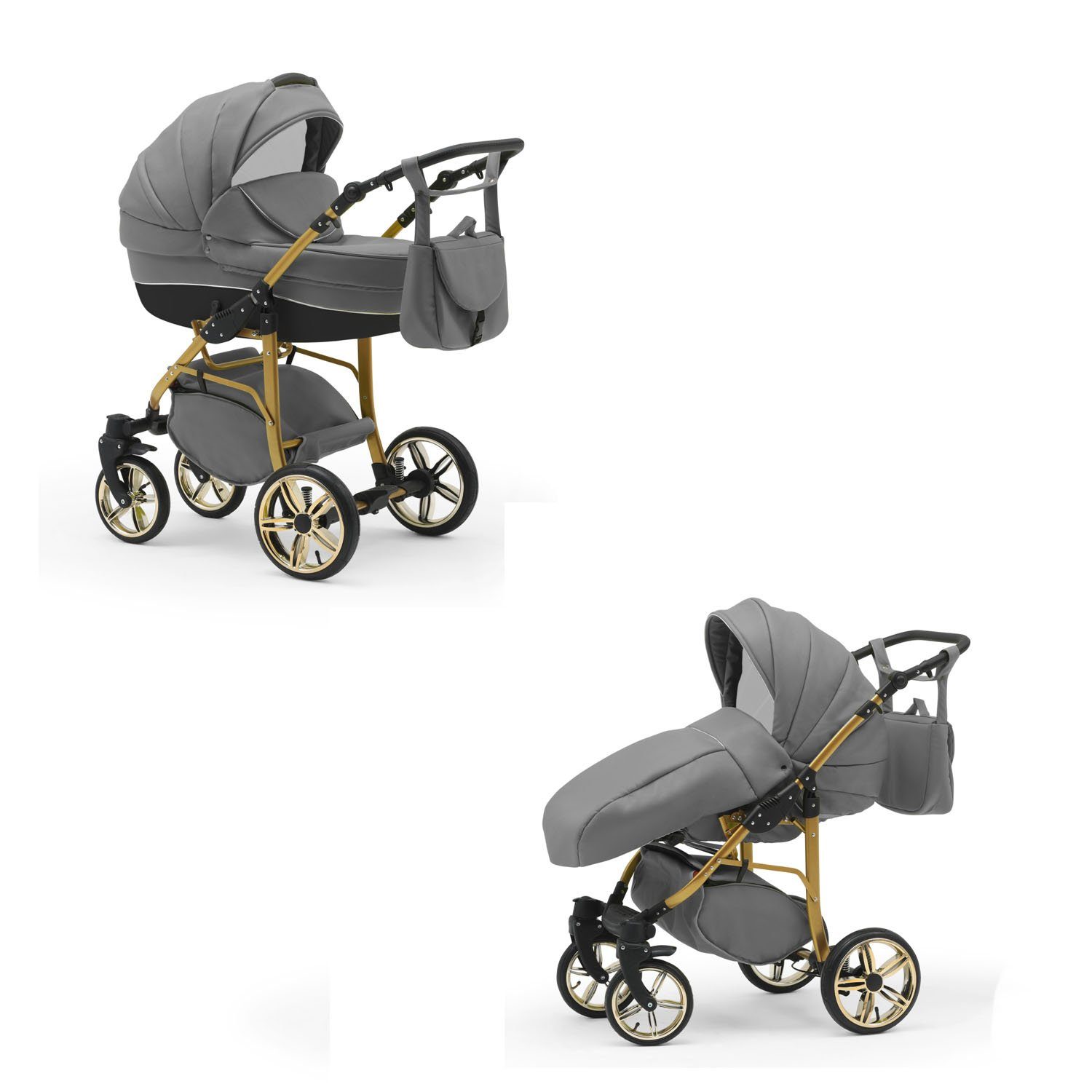 2 babies-on-wheels Hellgrau-Schwarz - Gold Farben Kombi-Kinderwagen in 13 Teile ECO 1 - 46 Cosmo Kinderwagen-Set in