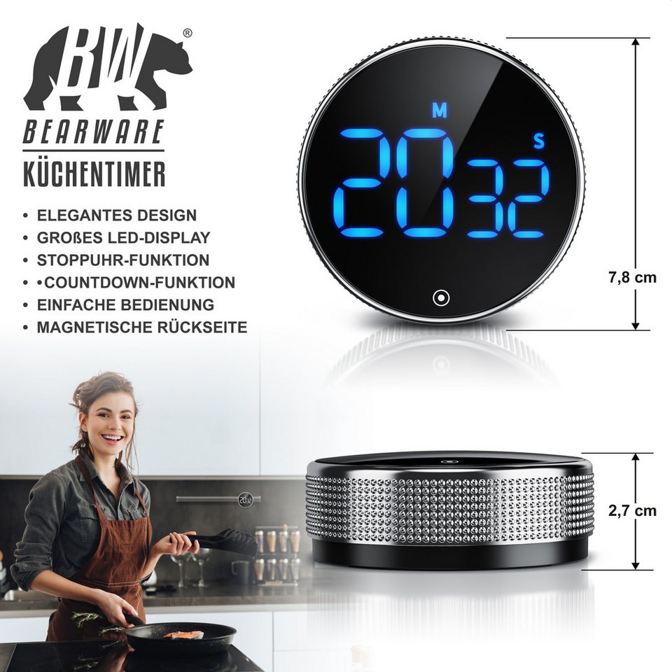 BEARWARE Küchentimer Digital, Küchenwecker Eieruhr, LED Display, Countdown, magnetisch Kurzzeitimer, Küchenuhr mit Restzeitanzeige, Alarmton einstellbar
