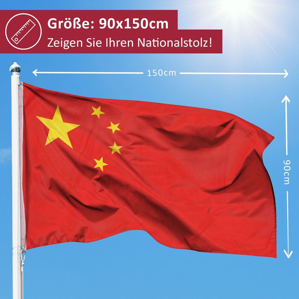 PHENO FLAGS Flagge China Flagge - Chinesische Fahne 90 x 150 cm, Strapazierfähige Fahne für Fahnenmast, mit 2 Ösen