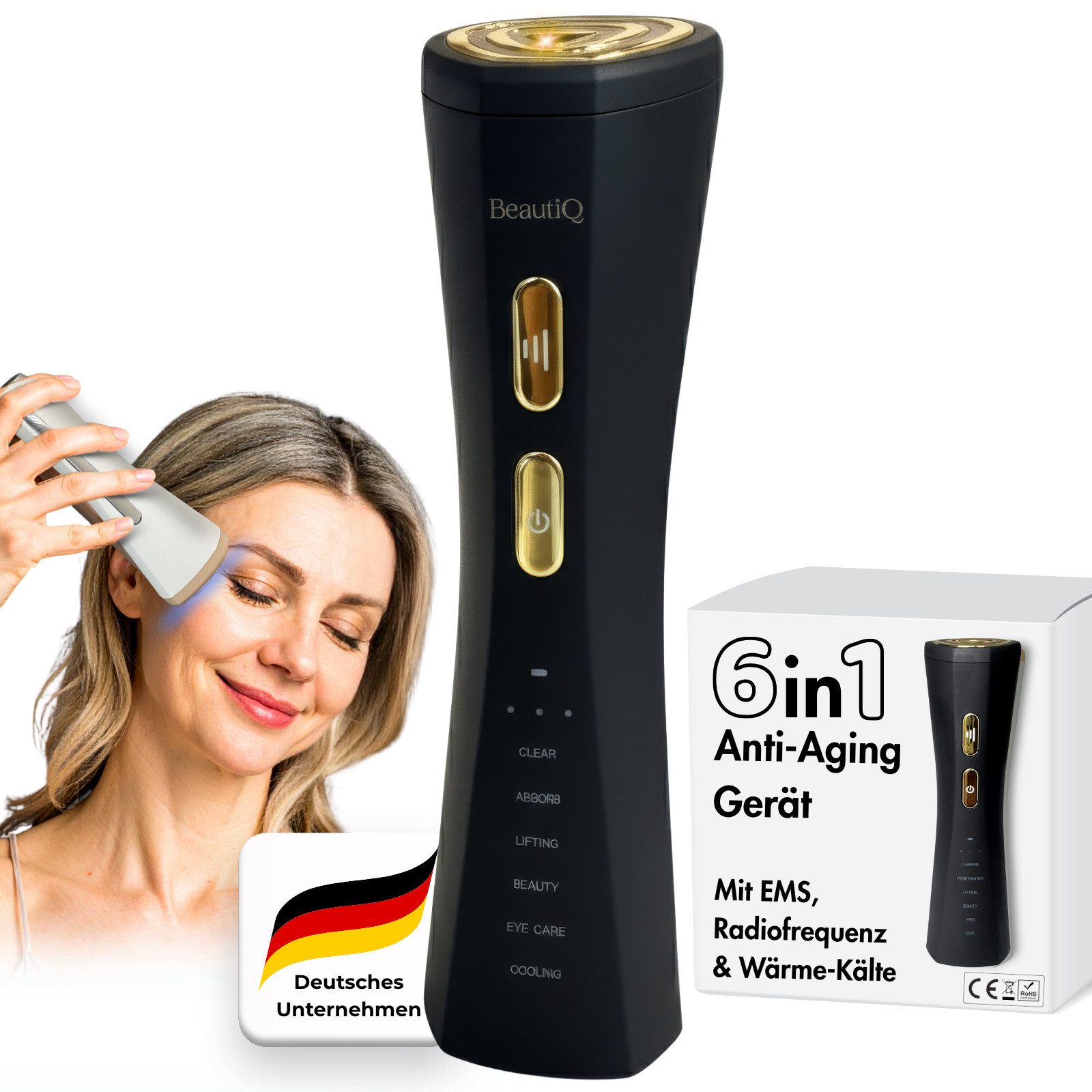 BeautiQ Gesichtsmassagegerät RF Lumèra 6 Funktionen in 1 Gerät für schöne Haut, EMS, Anti-Aging, Full Inclusive Set, Radiofrequenz, Tiefenreinigung, Lifting-Modus, Glow-Boost, Augenpflege, Kühlung