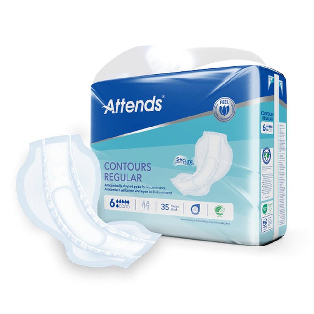 Attends GmbH Inkontinenz-Einlage Attends Contours Regular 6, 6 von 10, 140-St., Saugstärke 6/10, 58 x 17,5 cm, Nässeindikator, für Fixierhose