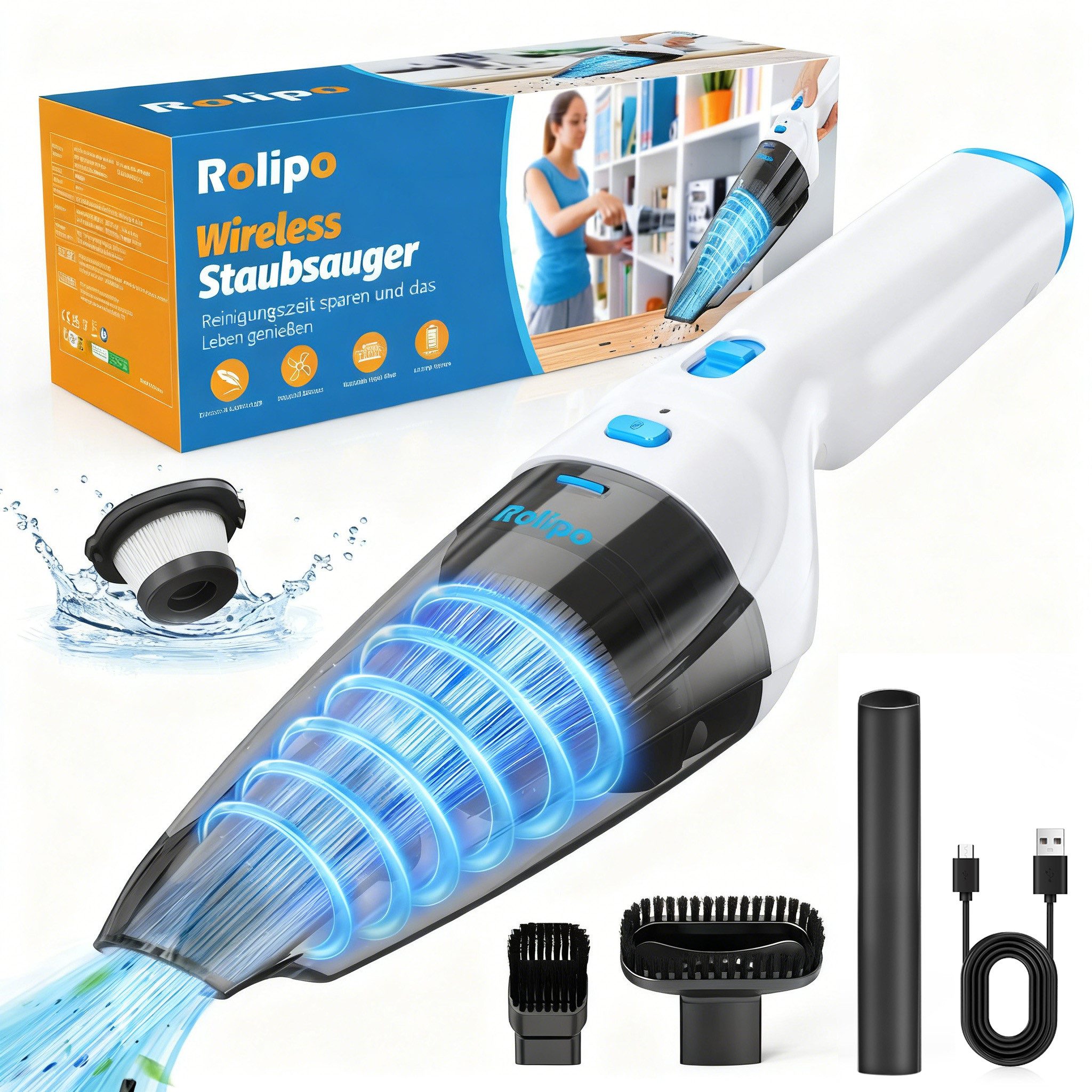 Rolipo Akku-Handstaubsauger Handstaubsauger,9500PA,Mini Auto staubsauger mit Waschbar HEPA-Filter, 100 W, mit Beutel, 100W Handstaubsauger Kabellos für den Auto,Haus,Küche,Tierhaare (Blau)