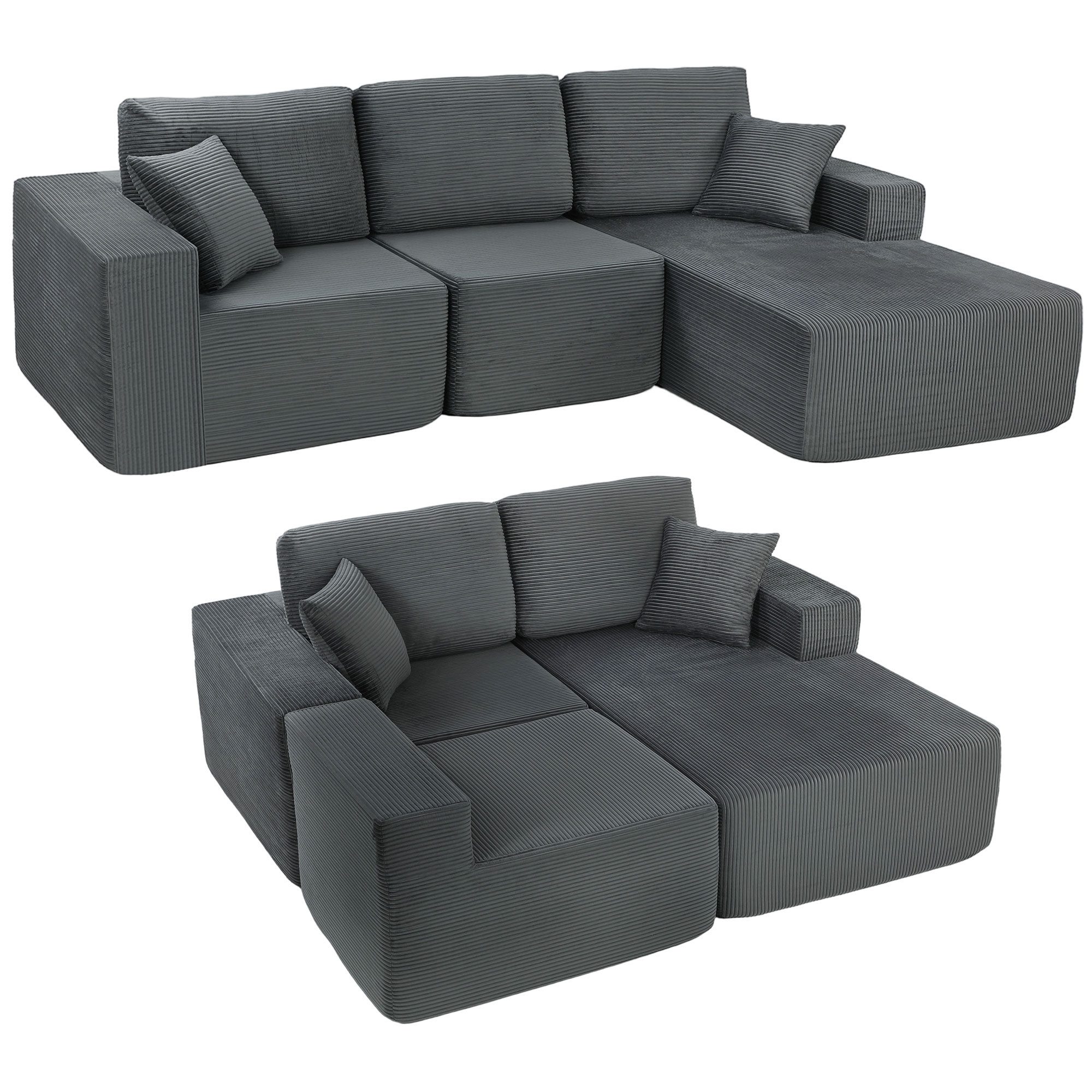 MC Star Ecksofa Modulares Ecksofa, L-förmiges Sofa-Bett, mit tiefem Sitz, breiten Armlehnen, 2 Kissen, Dunkelgrau
