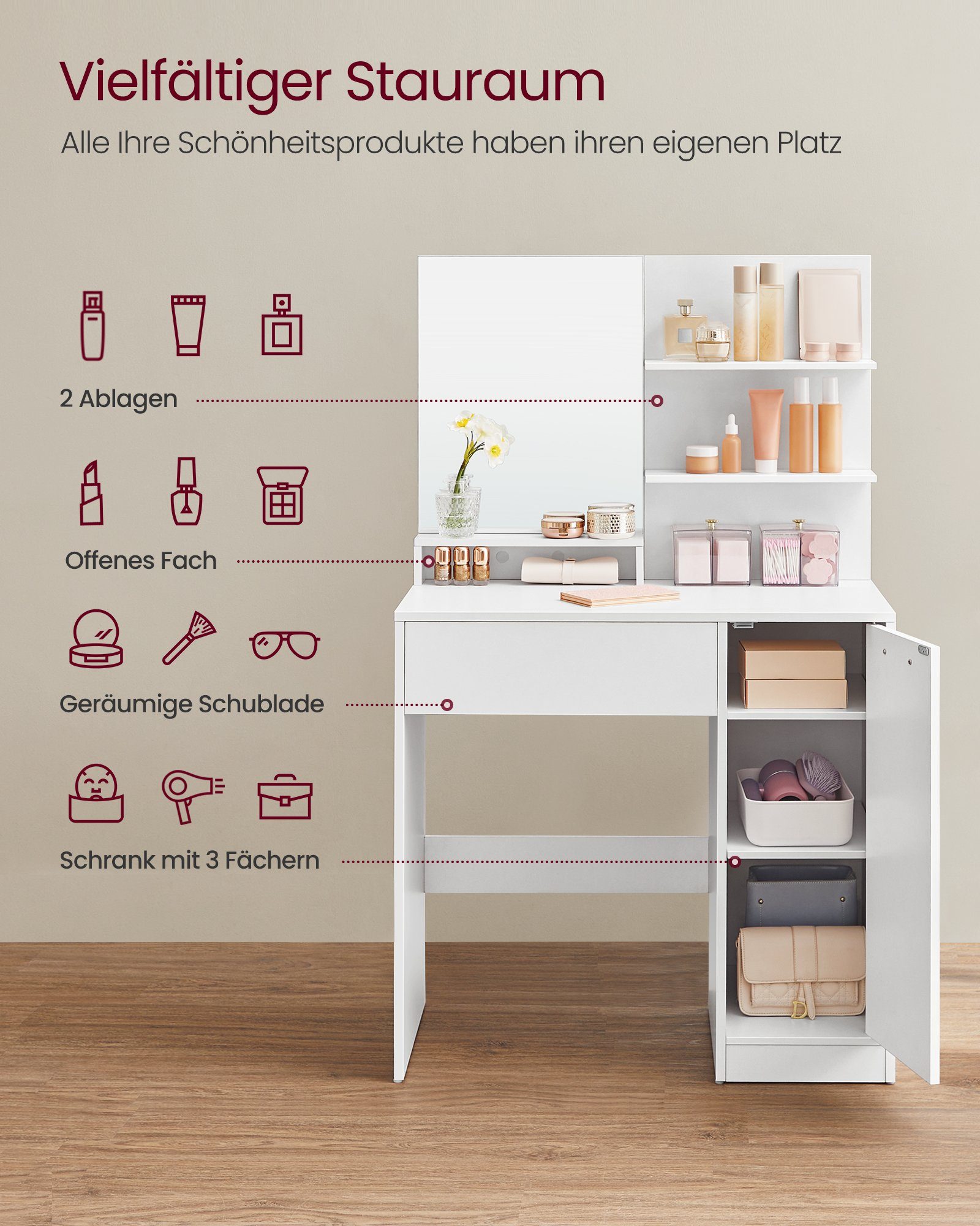 VASAGLE Schminktisch Frisiertisch, Kosmetiktisch, Schublade und offene Ablagen, Schrank mit 2 verstellbaren Ablagen, Spiegel, weiß
