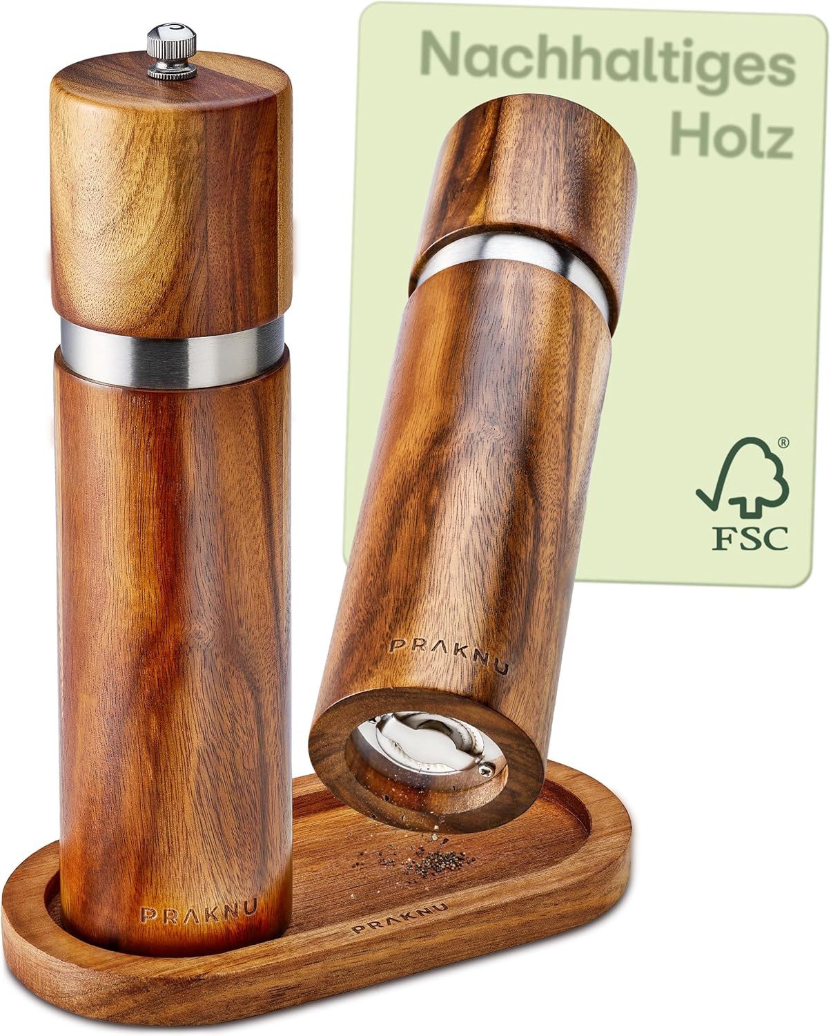 Praknu Salz-/Pfeffermühle Salz und Pfeffermühle aus Akazienholz mit Untersetzer - Эко-товарes manuell, Эко-товарes FSC Holz - Langlebiges Keramikmahlwerk - Plastikfrei