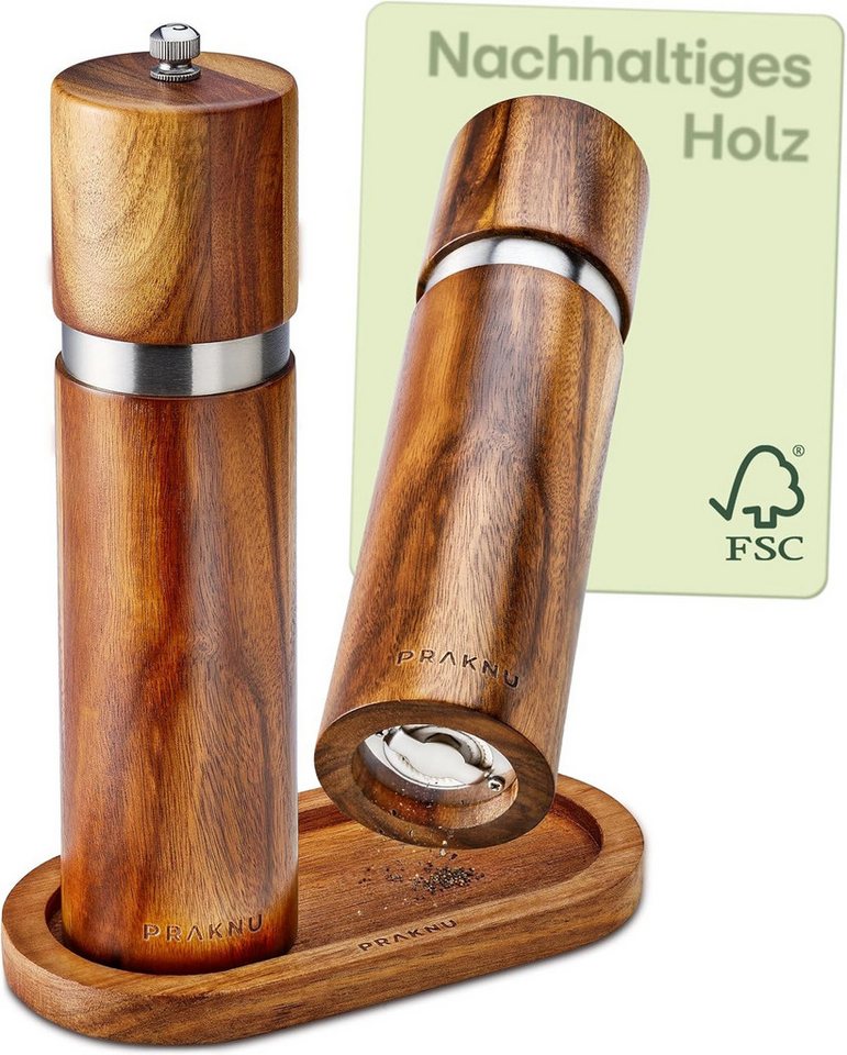 Praknu Salz-/Pfeffermühle Salz und Pfeffermühle aus Akazienholz mit Untersetzer - Nachhaltiges manuell, Nachhaltiges FSC Holz - Langlebiges Keramikmahlwerk - Plastikfrei
