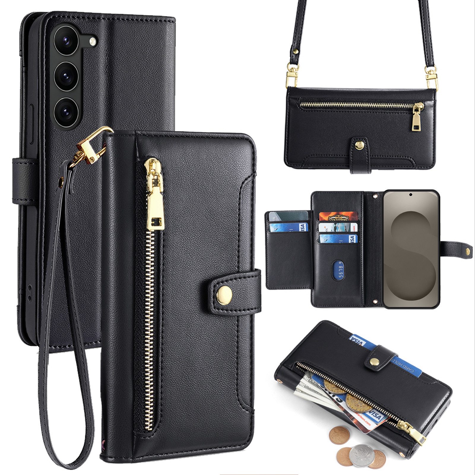 betterfon Handykette für Samsung Galaxy Leder Umhänge Hülle mit Kartenfächer, 5 Kartenfächer + verstellbare Kette & Standfunktion mit TPU-Schutz