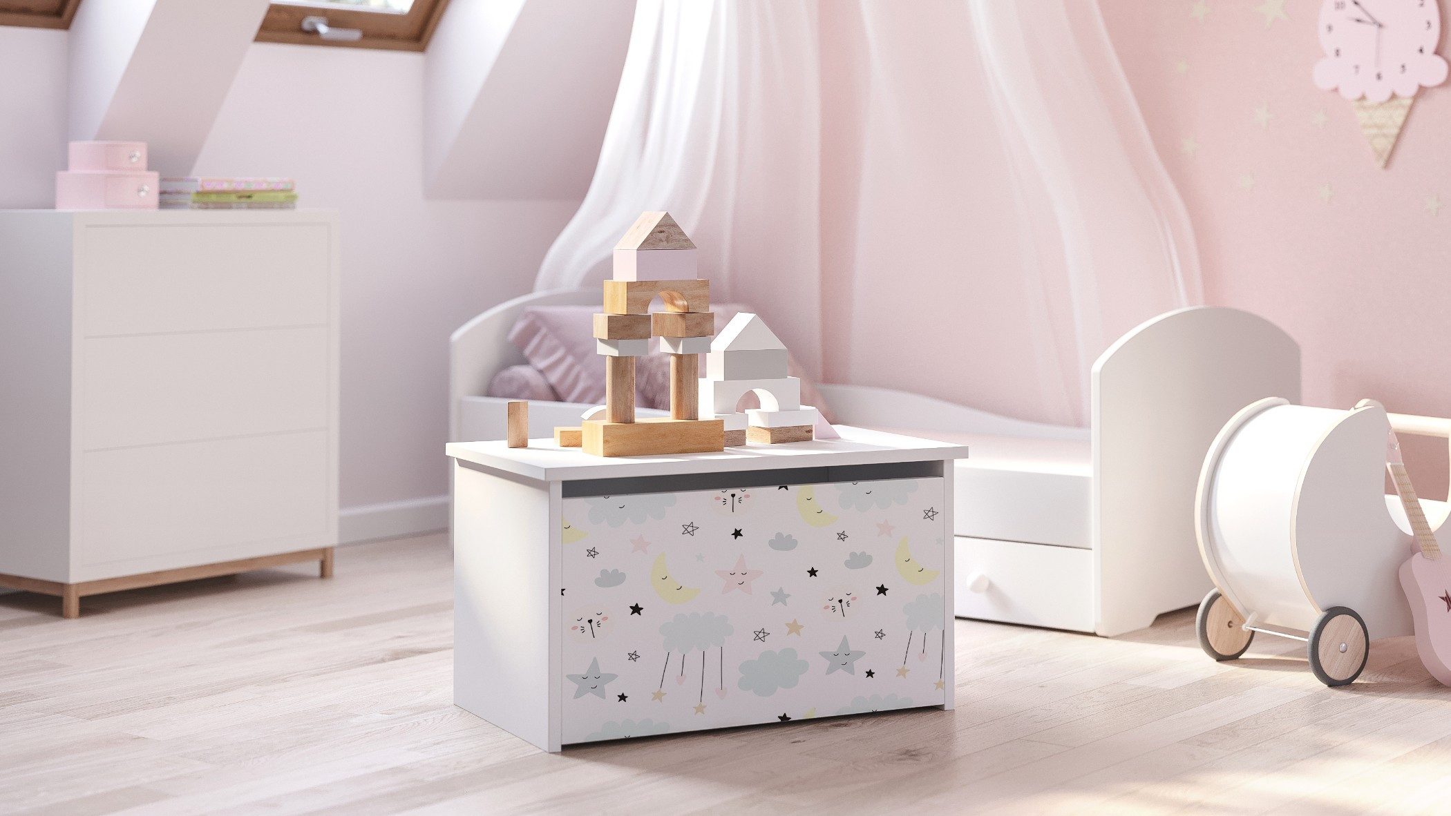 Raumhirsch Furniture Spielzeugtruhe Daria – Sicherer und stilvoller Stauraum für Kinderzimmer