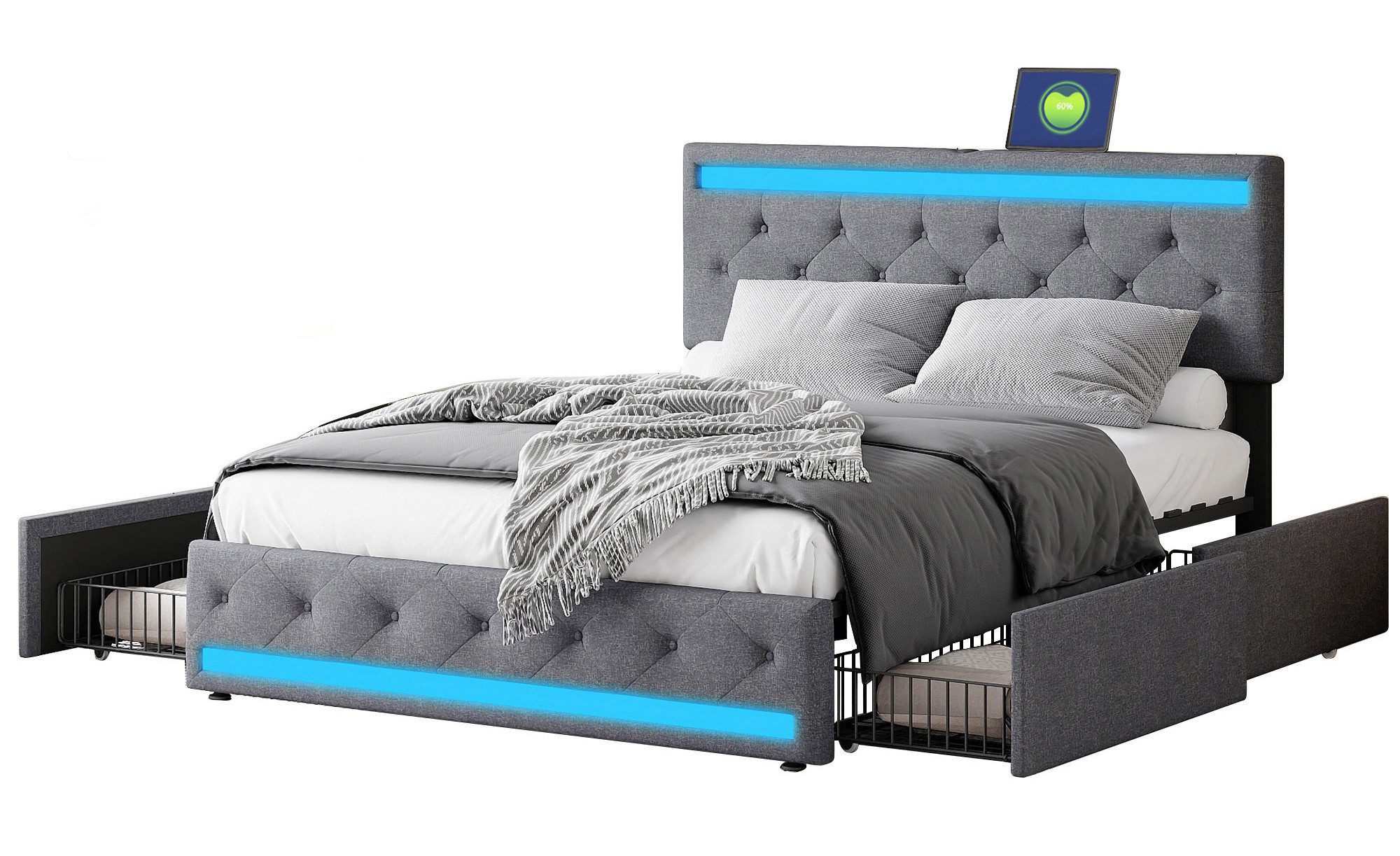FUROKOY Polsterbett Doppelbett Stauraumbett mit 4 Schubladen (Mit Kopfteil und Lattenrost, Multifunktionales Bett), 140x190 cm,Mit LED-Licht und USB,Gepolstert,Leinenmaterial Grau