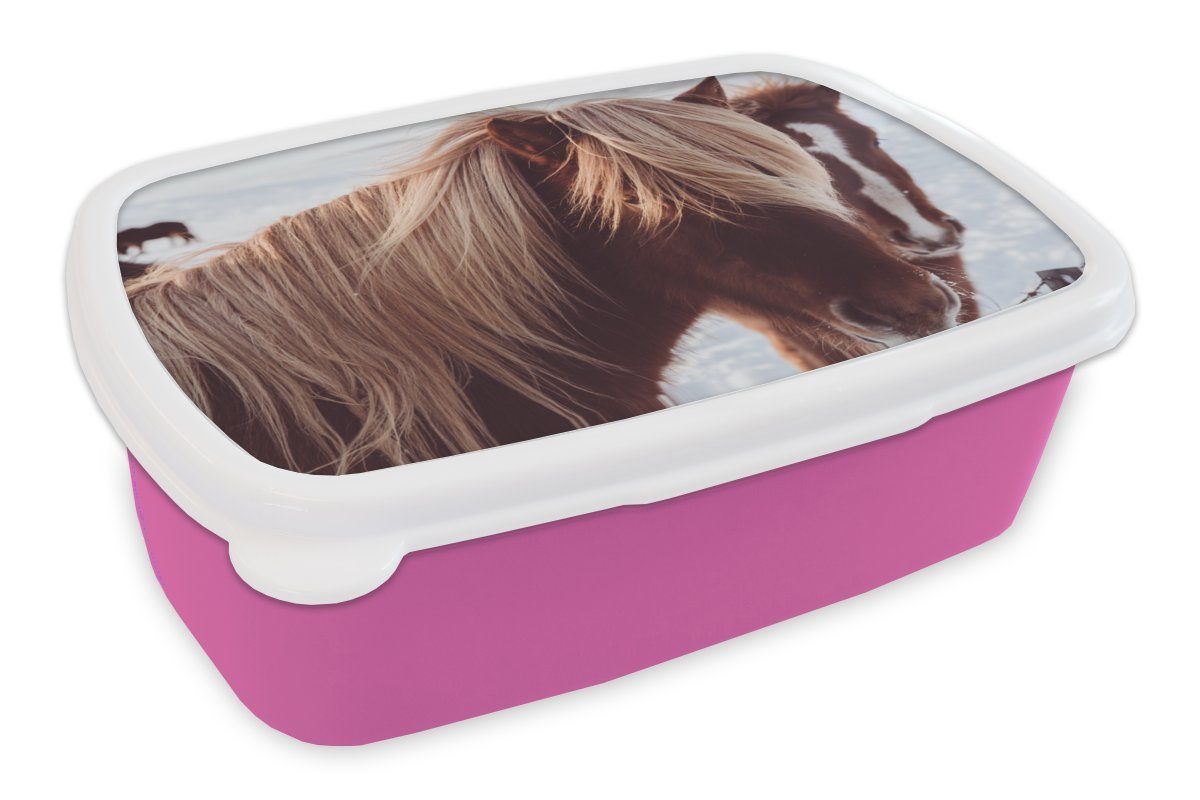 MuchoWow Lunchbox Pferde rosa Brotbox - Brotdose Mädchen, Schnee Braun, Kunststoff, - Snackbox, (2-tlg), Kinder, Kunststoff Erwachsene, für