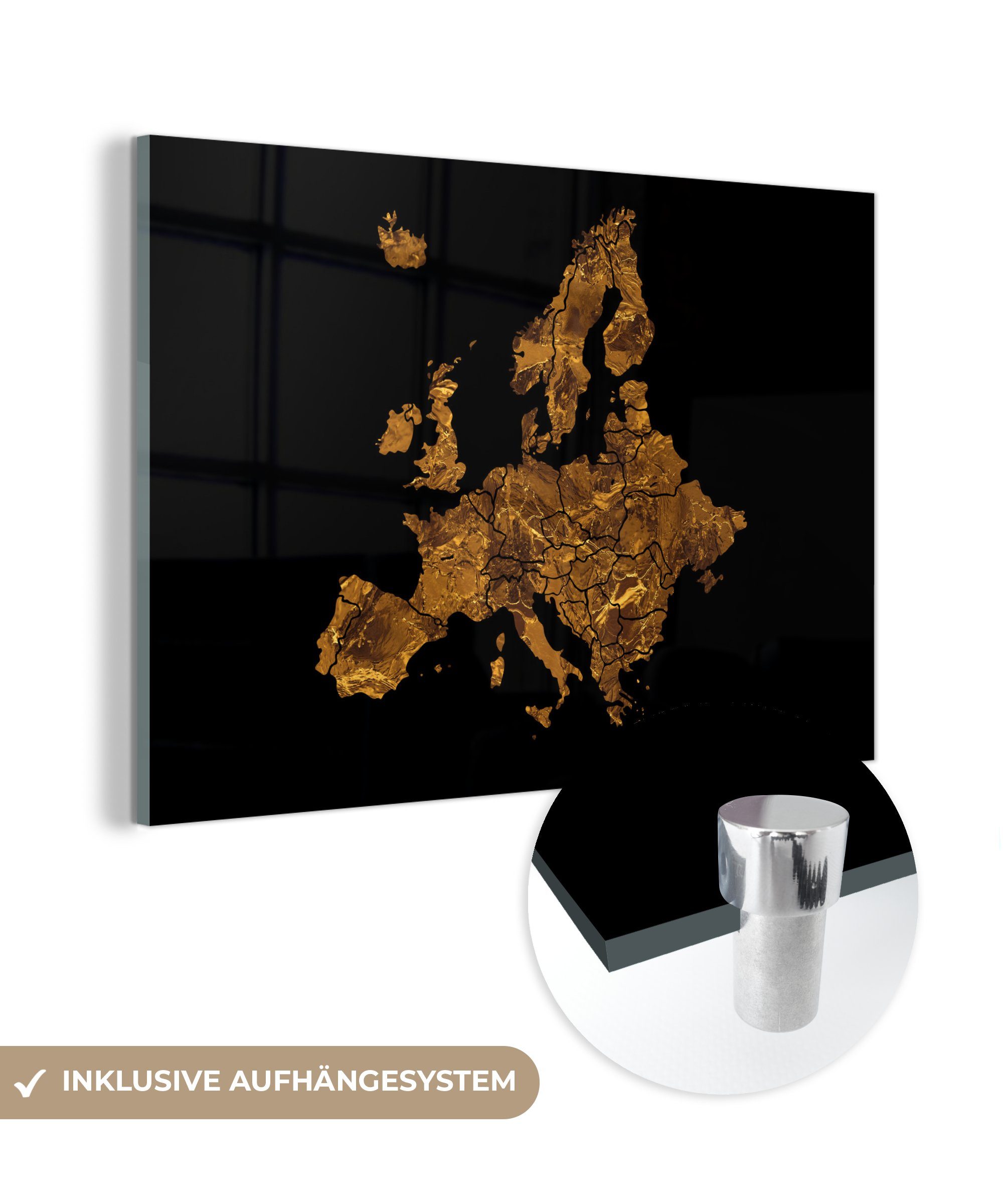 MuchoWow Acrylglasbild Karte von Europa - Marmor - Gold, (1 St), Acrylglasbilder Wohnzimmer & Schlafzimmer
