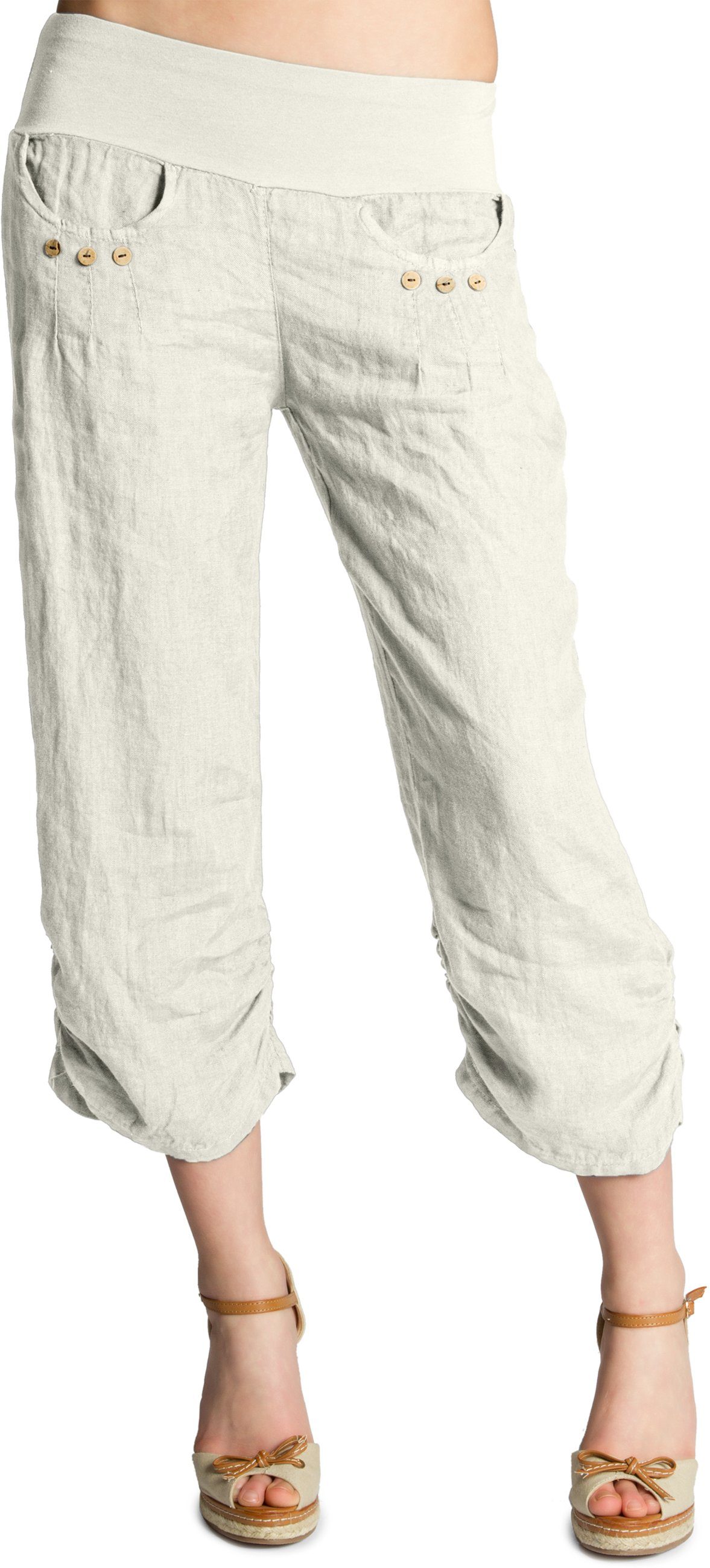 Caspar Leinenhose KHS017 Damen 3/4 Hose aus robustem Leinen mit breitem Stretch Bund - Made in Italy