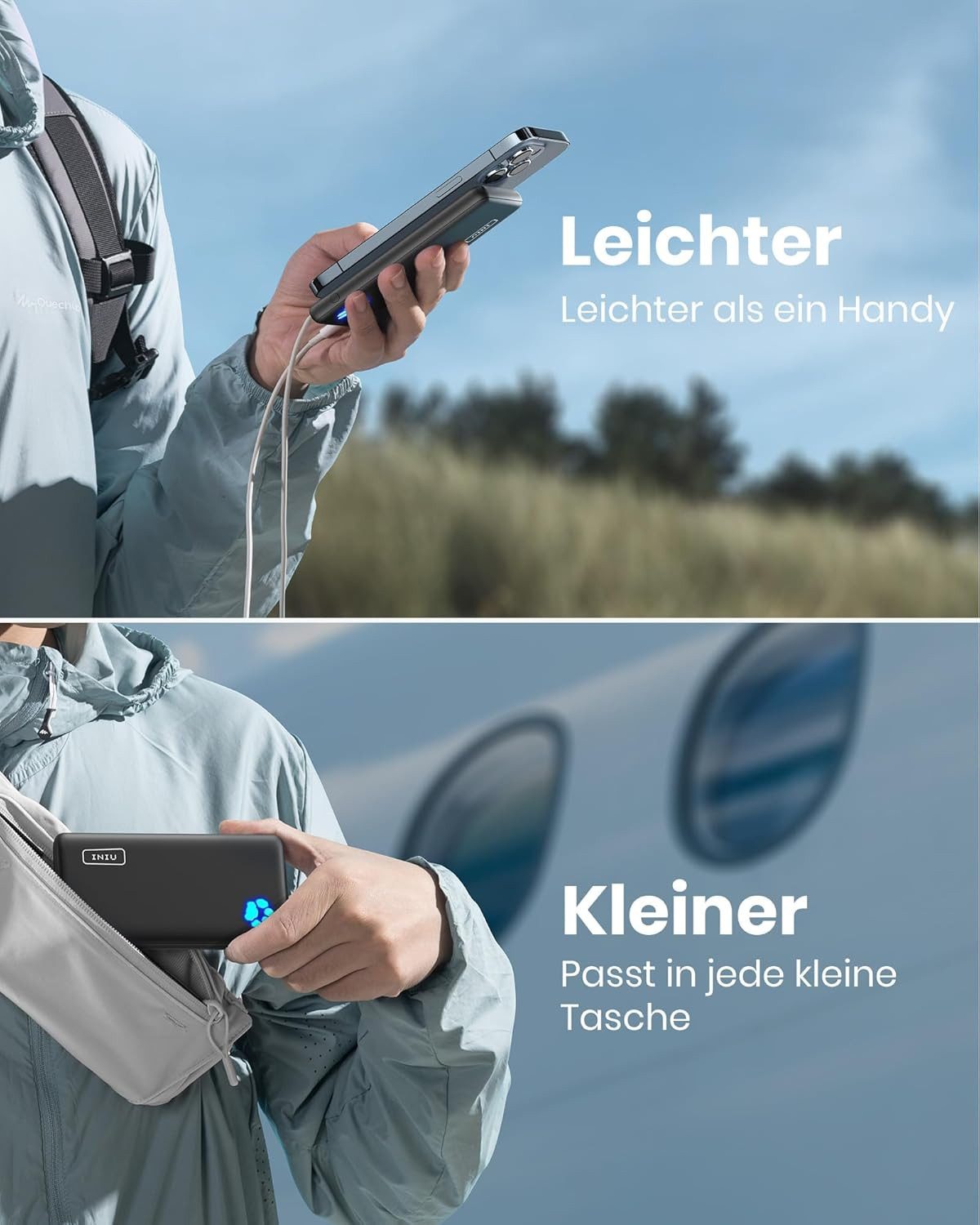 INIU Fast Charger 3in1 Mini Powerbank Geeignet für iPhone, Samsung, AirPods, Tablets 10000 mAh, 45W Schnellladefunktion, Kompakt & Reisegeeignet