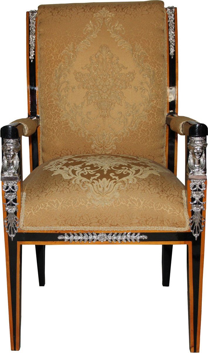 Mahagoni Empire Edition Esszimmerstuhl Padrino Casa Limited / / mit Schwarz Gold Armlehnen Luxus Stuhl Barock Silber Esszimmer - /