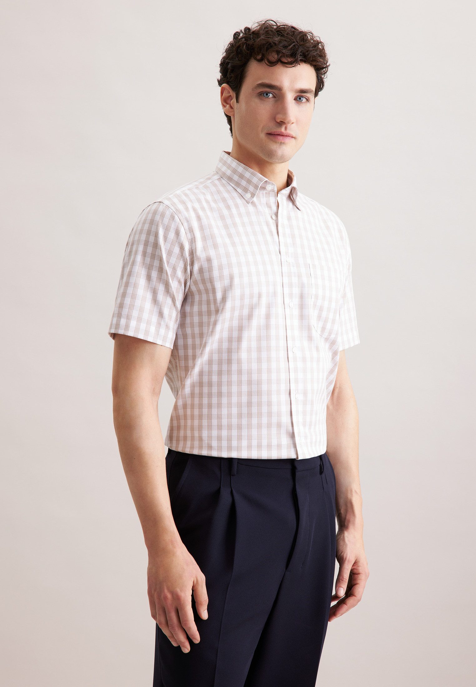 seidensticker Businesshemd Regular Regular 1/2 Button-Down-Kragen Karo