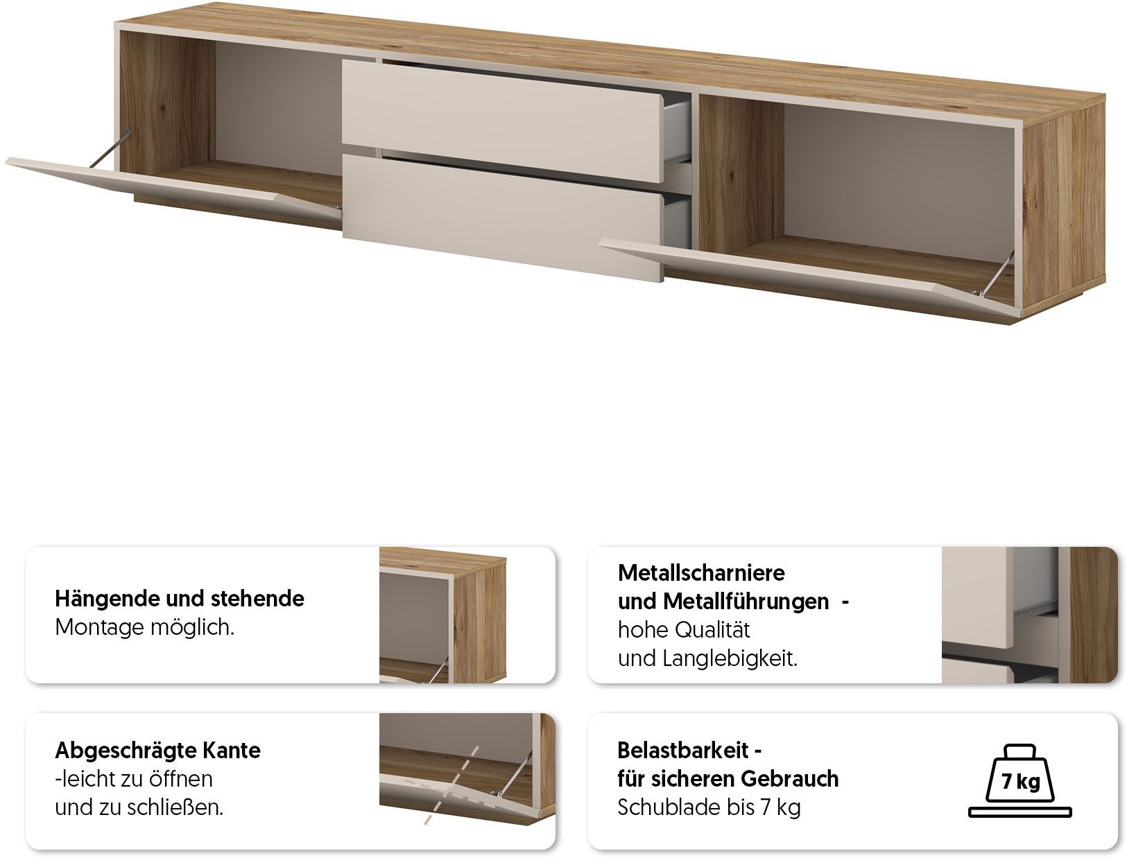 OTTO home Lowboard Criss, Breite 200 cm, moderne grifflose TV-Kommode, TV-Kommode, TV-Schrank, hängend und stehend montierbar