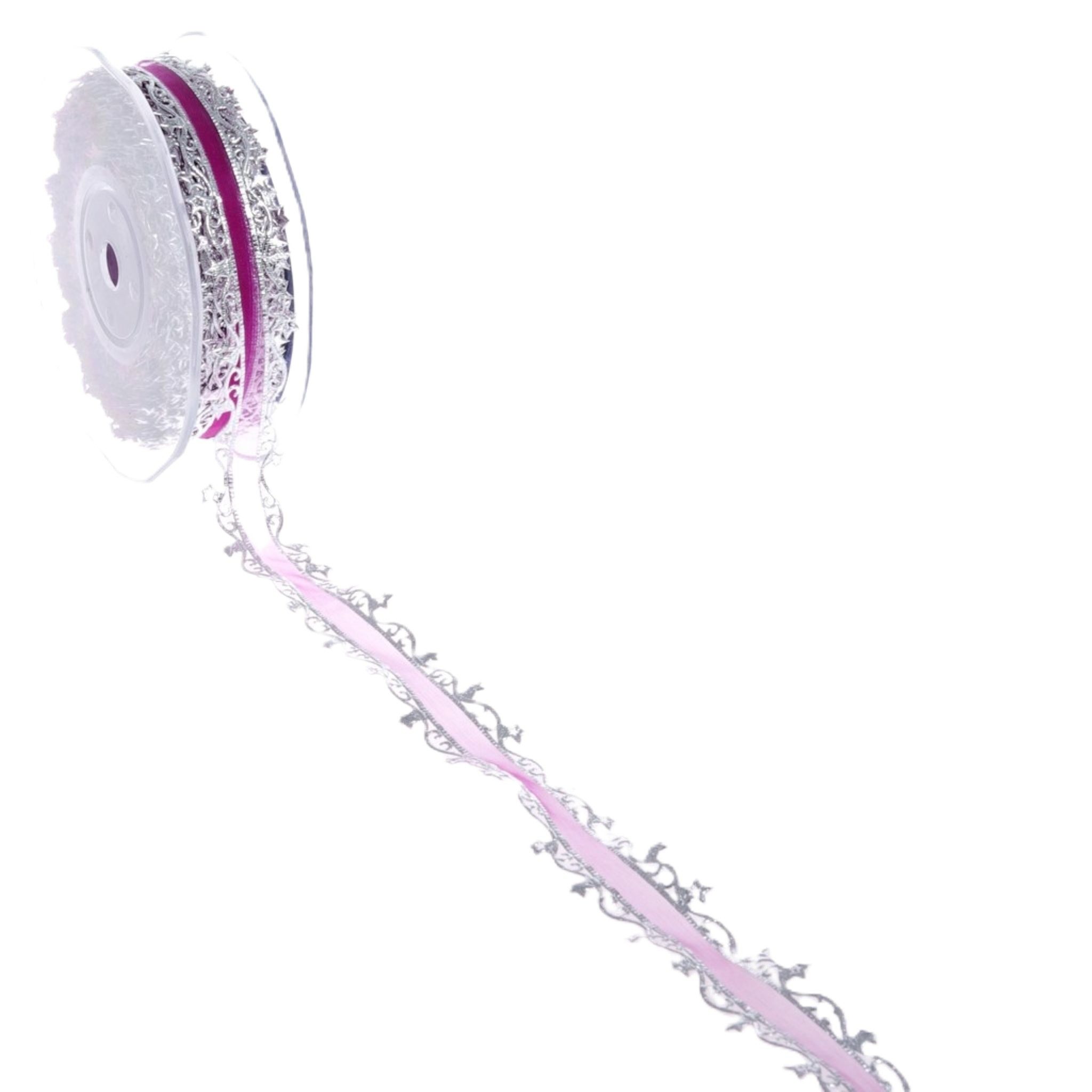 Deko AS Dekoband Organzaband mit Sternchenkante - 23mm - 20m - col. 31 Fuchsia-Silber, mit Sternchenkante
