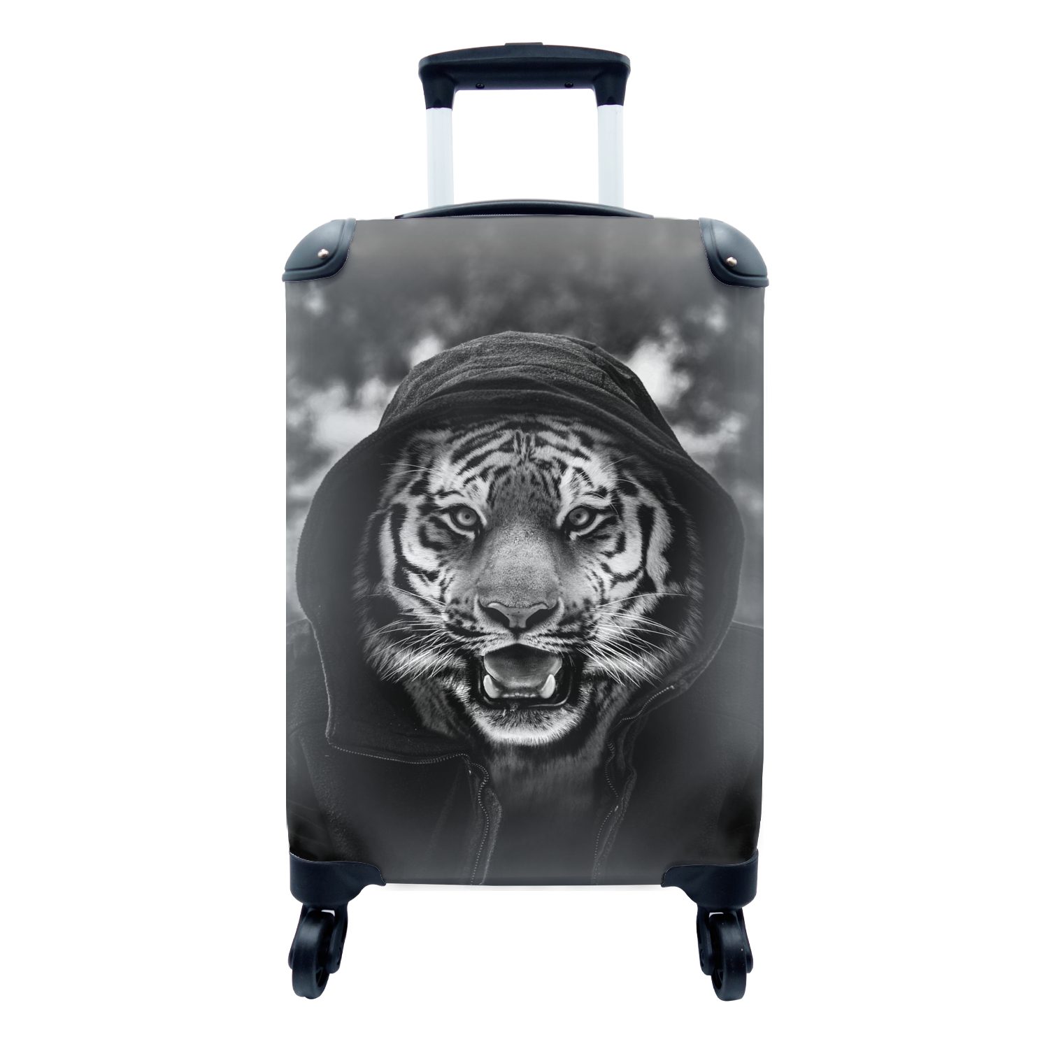 MuchoWow Handgepäckkoffer Tiger mit Kapuzenpulli - schwarz und weiß, 4 Rollen, Reisetasche mit rollen, Handgepäck für Ferien, Trolley, Reisekoffer