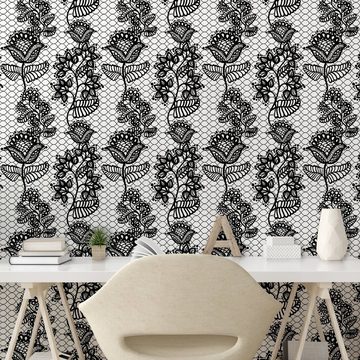 Abakuhaus Vinyltapete selbstklebendes Wohnzimmer Küchenakzent, Schwarz-Weiss Lace-Art-Blumen
