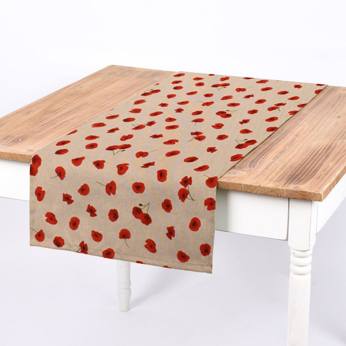 SCHÖNER LEBEN. Tischläufer Poppy Flower Mohnblüten natur rot, made in Germany,handmade