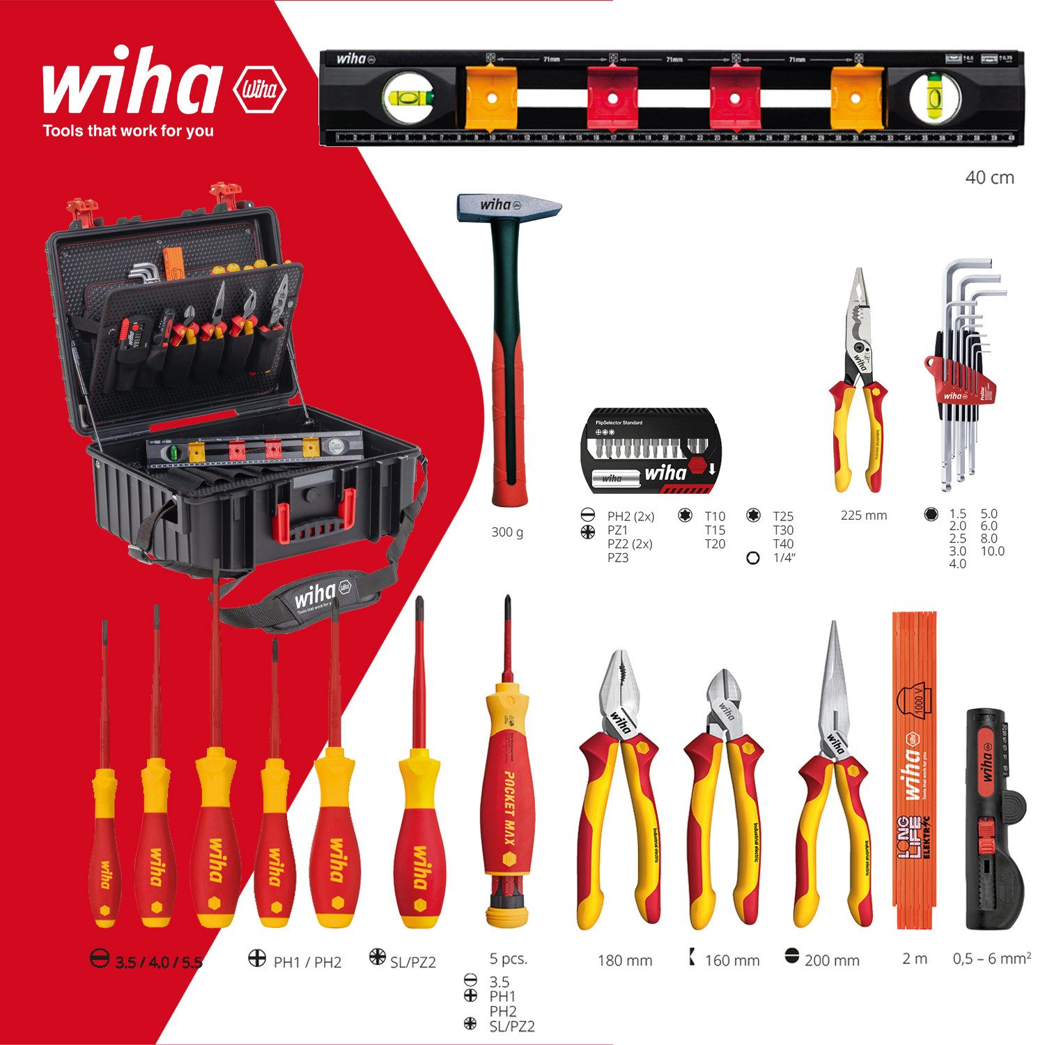 Wiha Werkzeugkoffer XL 2 electric (46816), Werkzeugkasten mit Werkzeug für Elektriker, mit Tragegurt