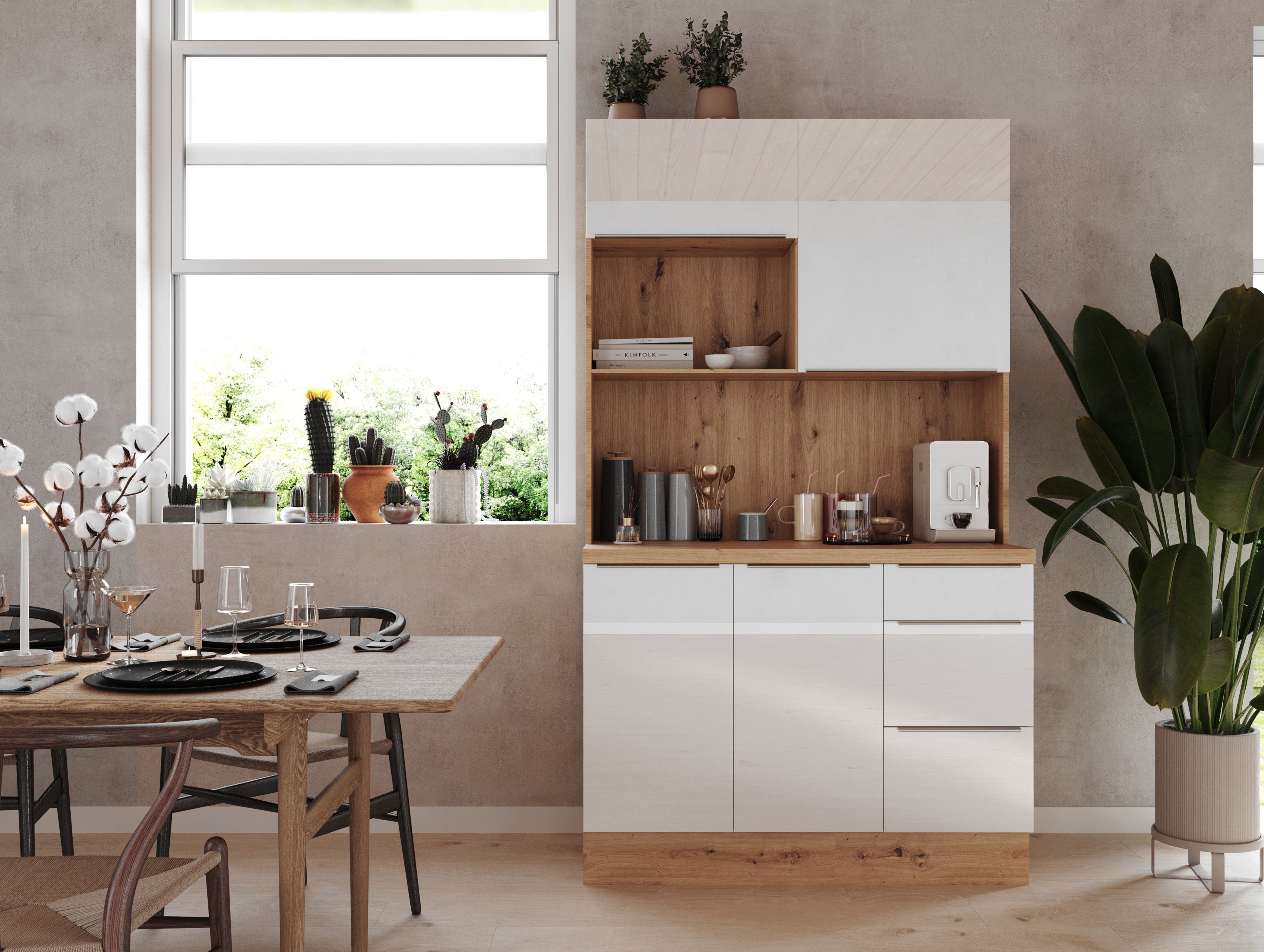 RESPEKTA cm, OTTO Artisan Buffet aus Arbeitsplatte: Breite Serie Marleen für der Hochglanz/ Safado Front: Korpus, mit 120 Konfiguration Eiche Weiß exklusiver in Soft-Close,