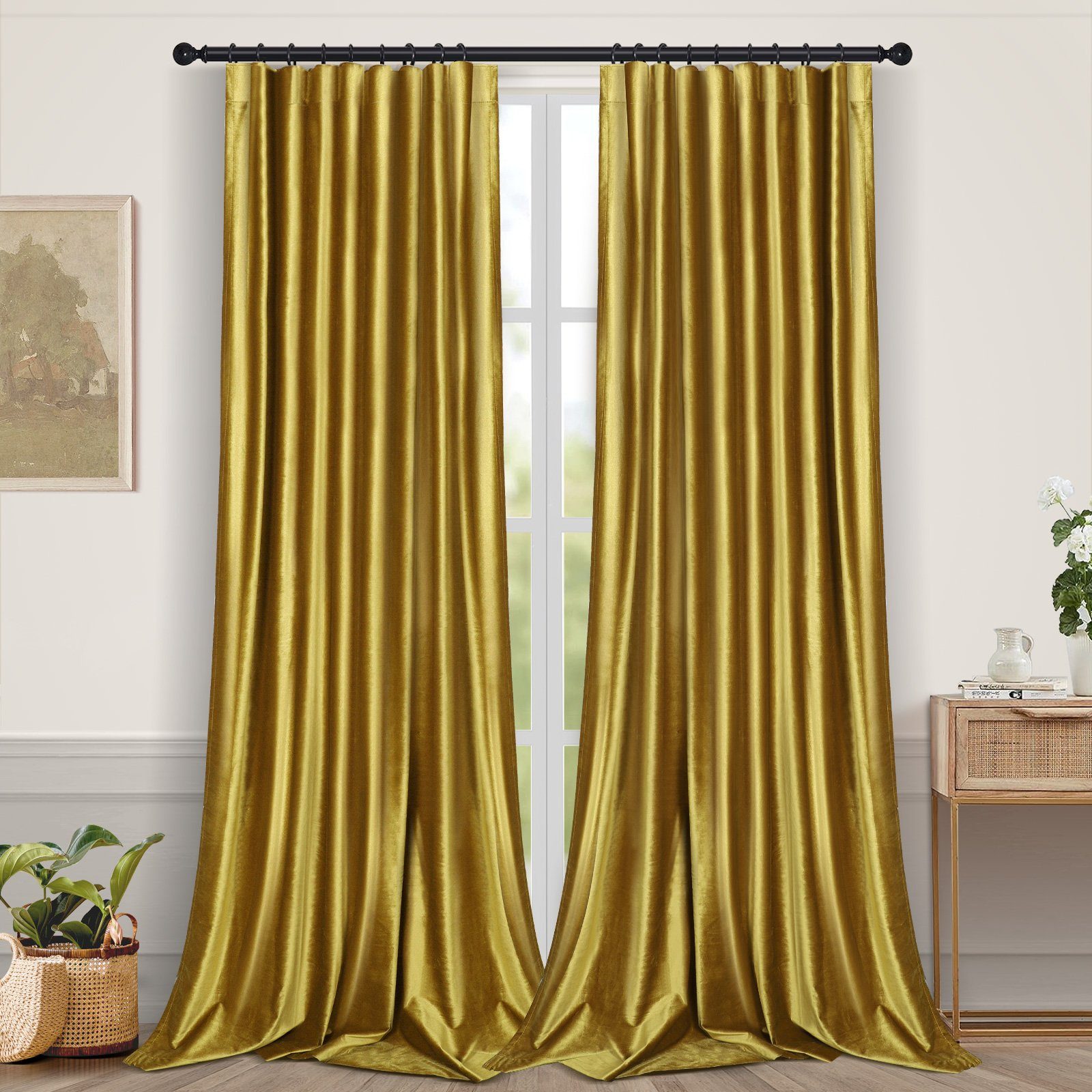 Vorhang 2 für Gold Verdunkelungsvorhang Panels Fenster Qelus, (2 Solide, Samt Geräuschreduzierung St)