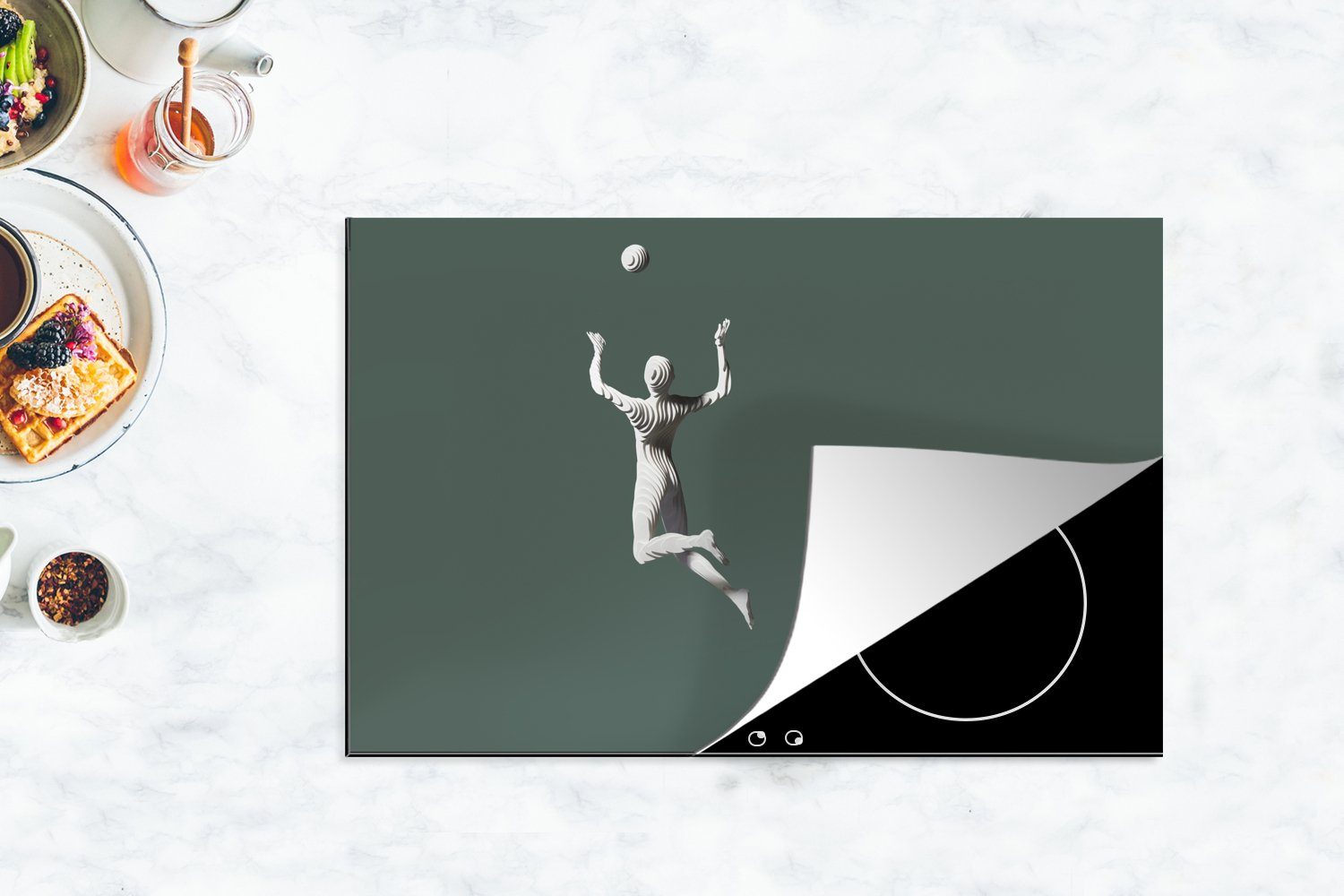 cm, Induktionskochfeld auf Vinyl, spielt Volleyball die Hintergrund, einem MuchoWow Ceranfeldabdeckung tlg), küche, für Schöne Herdblende-/Abdeckplatte 81x52 Schutz Figur (1 grünen
