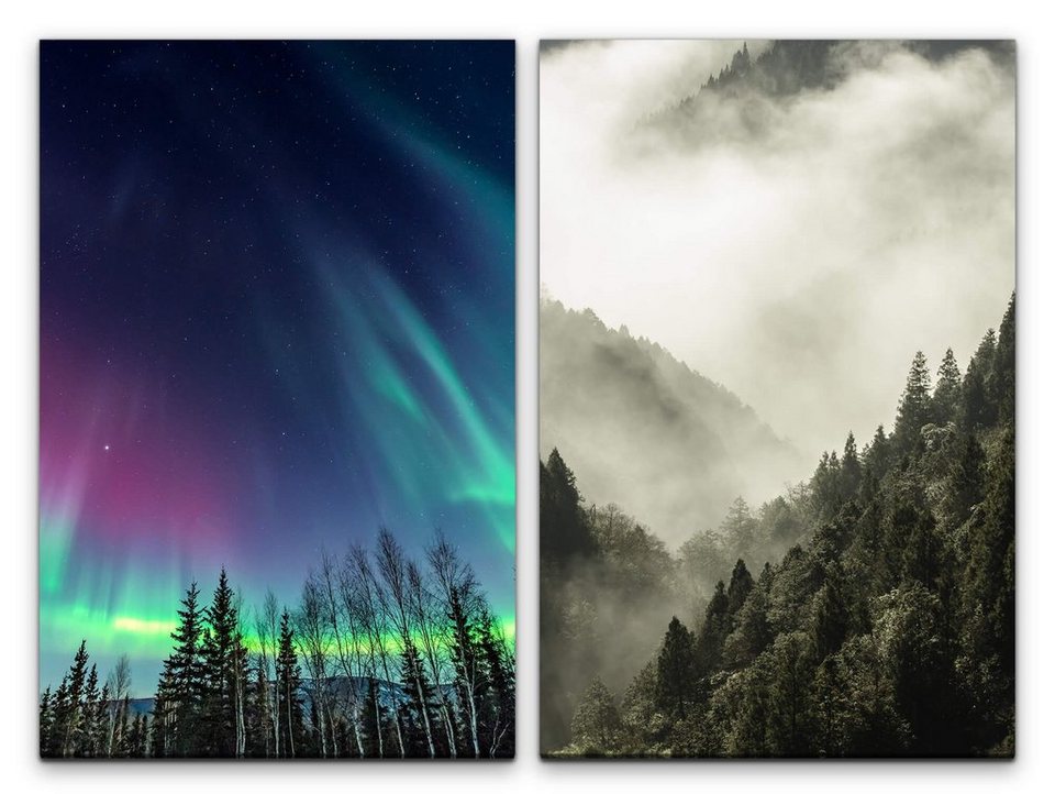 Sinus Art Leinwandbild 2 Bilder je 60x90cm Polarlicht Norden Tannen  Nachthimmel Himmlisch Nebel Natur