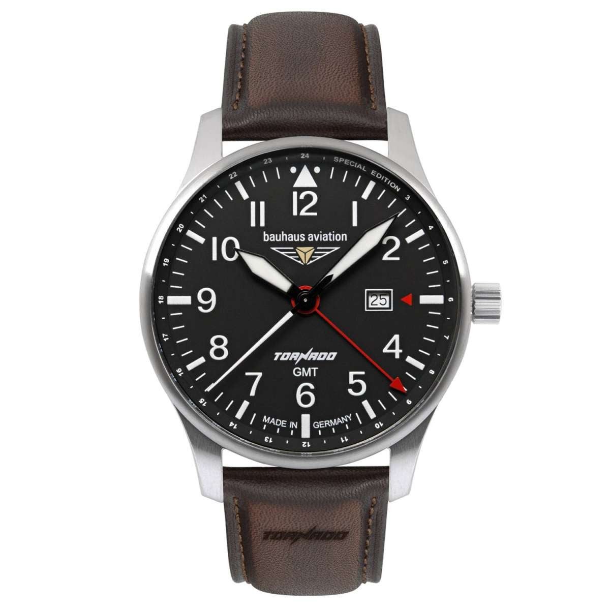 bauhaus Quarzuhr 2744-2, Herrenarmbanduhr Aviation GMT Tornado Braun/Schwarz