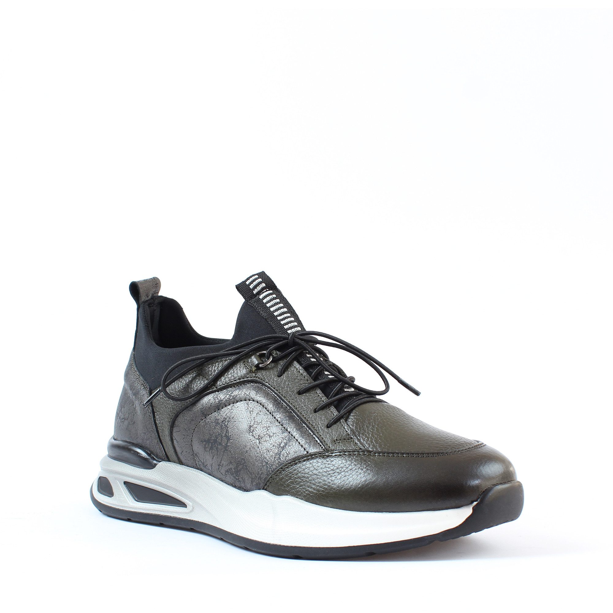 Celal Gültekin Leder-Sneaker Elastische Schnürung Plateau Casual Sportlich Herren Sneaker Glattleder, Plateau-EVA-Sohle, Elastische Schnürung, Khaki, 40