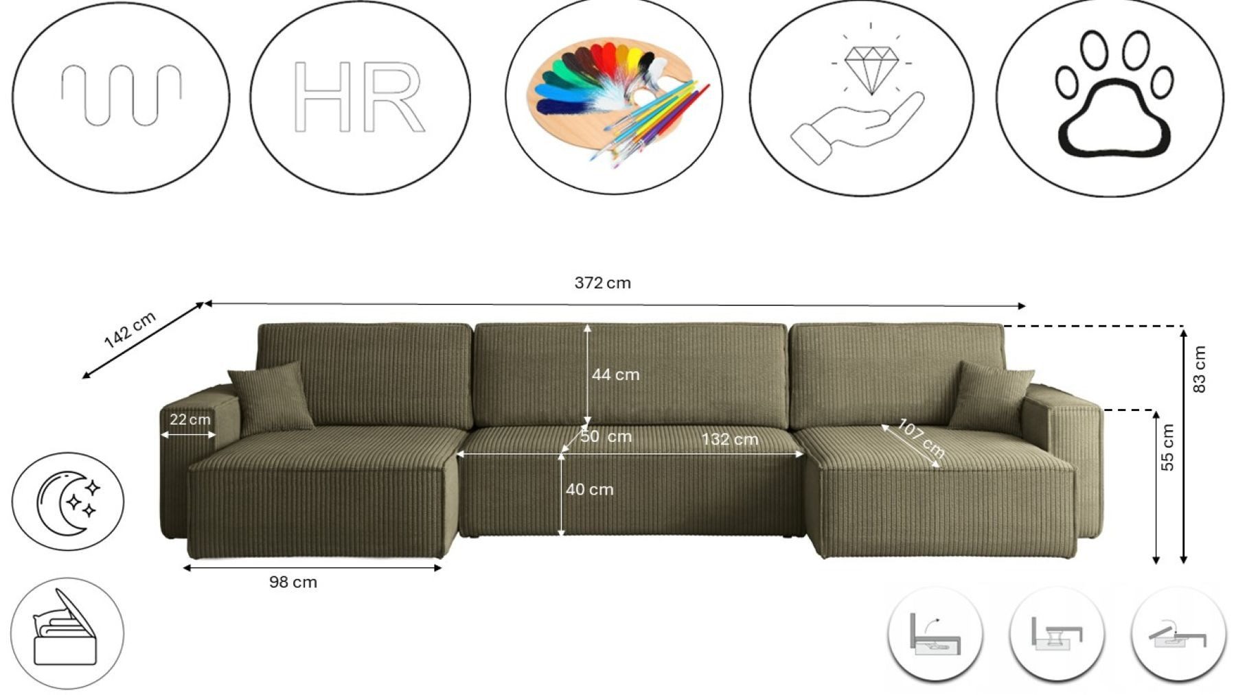 Kaiser Möbel Ecksofa mit schlaffunktion und bettkasten, Couch U-form BEST stoff Poso, Schlaffunktion, Bettzeugaufbewahrung, universal